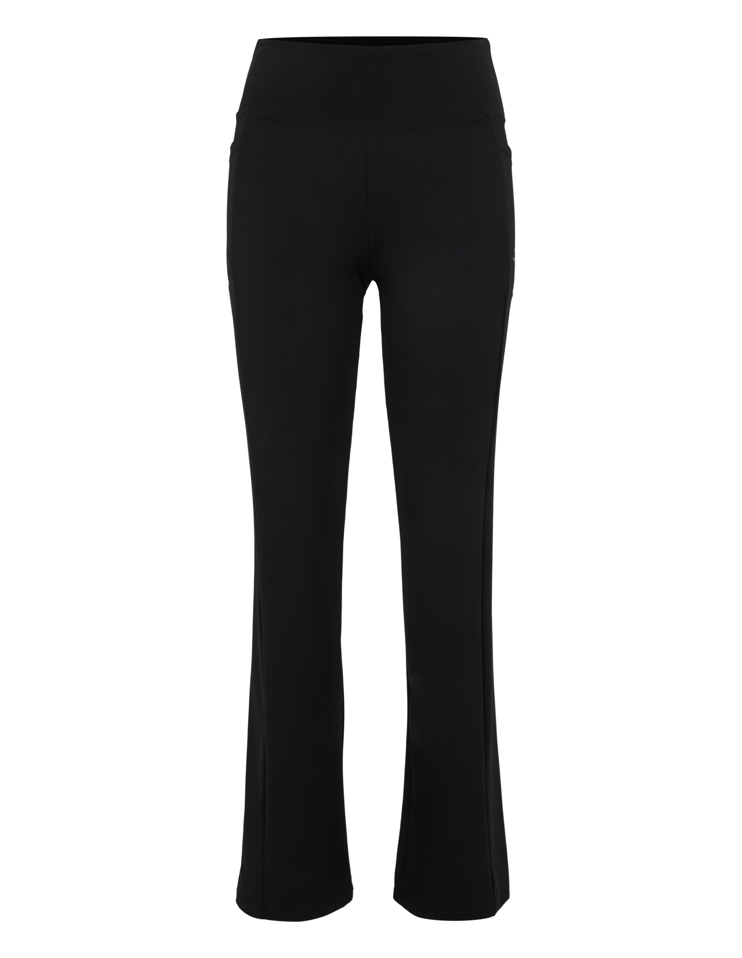 Schwarze, ausgestellte Yogahose mit hoher Taille, perfekt für Freizeitkleidung und Komfort.