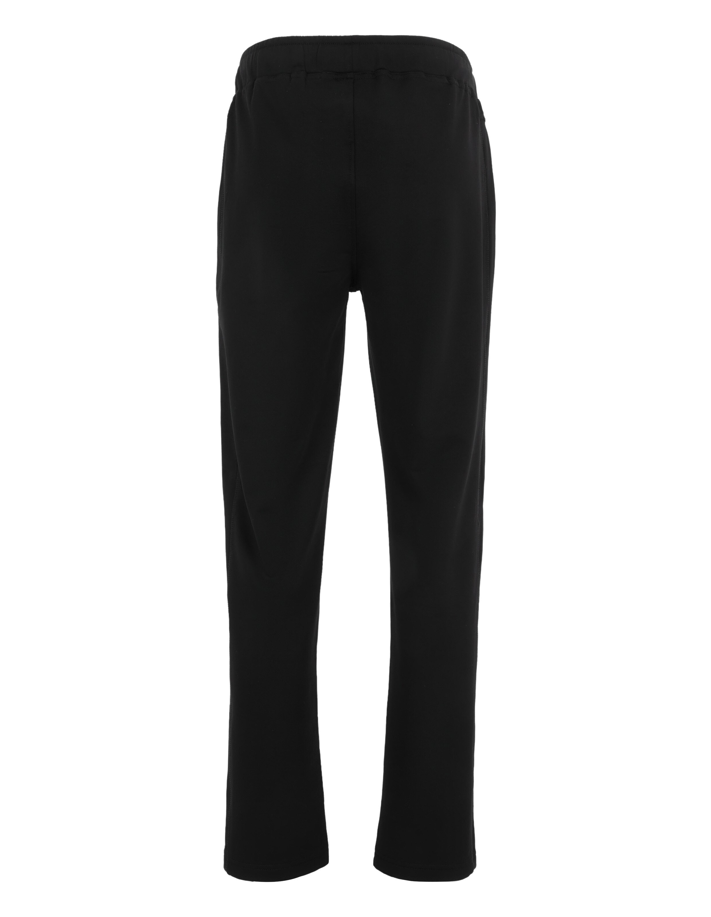 Schwarze Jogginghose mit elastischem Bund und Reißverschlusstaschen an den Seiten, schlichtes Design und bequemer Schnitt.