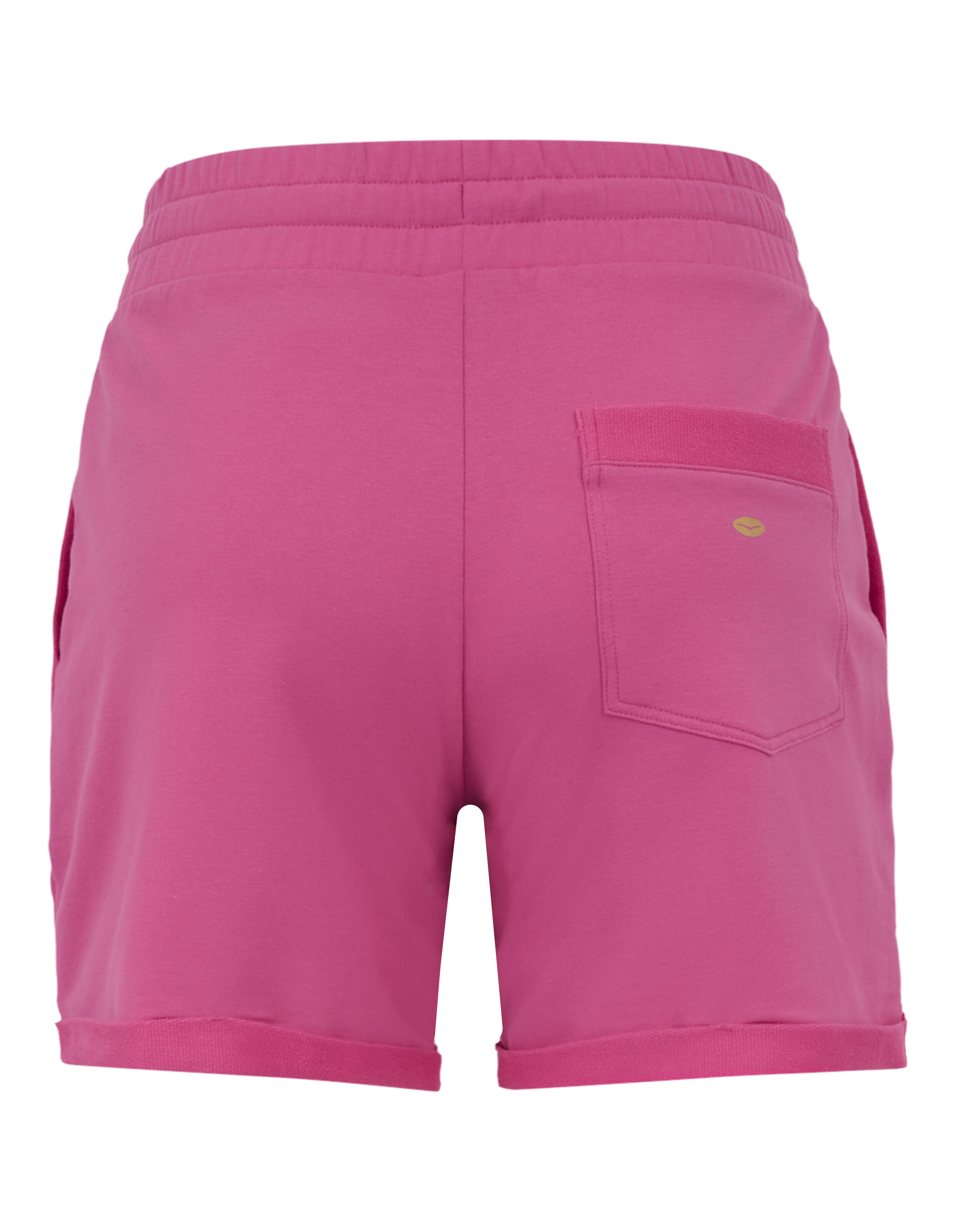 Rückansicht einer rosa lässigen Lounge-Shorts mit elastischem Bund und Gesäßtasche.