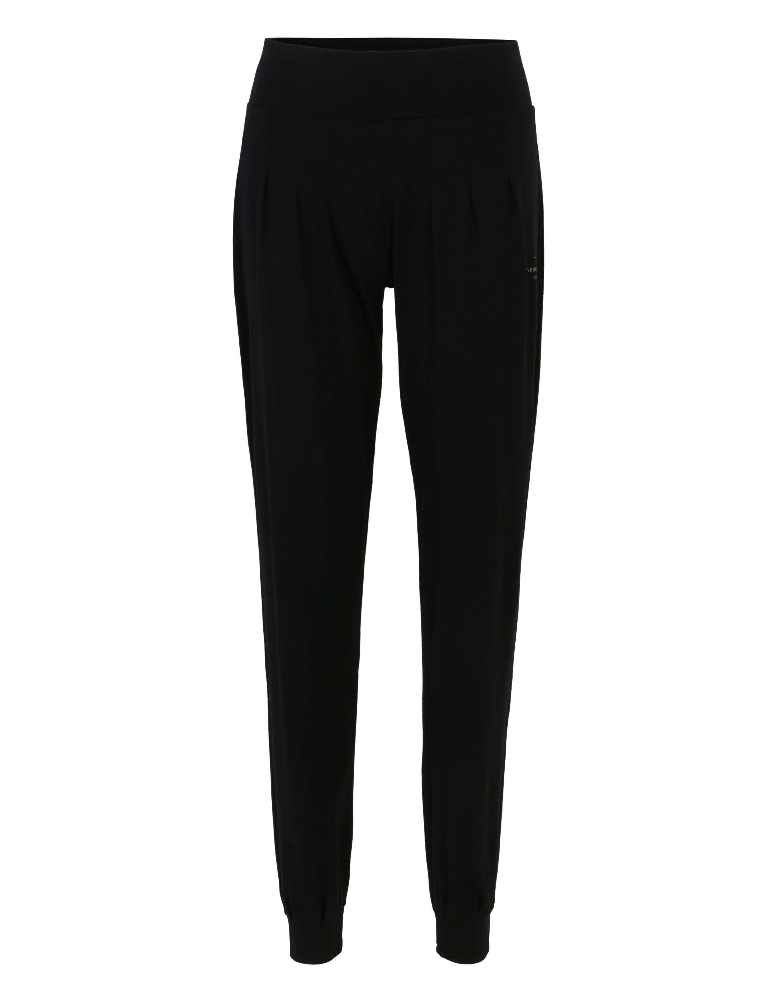 Schwarze, lässige Lounge-Hose mit hohem Bund und Bündchen an den Knöcheln für bequemen Tragekomfort.