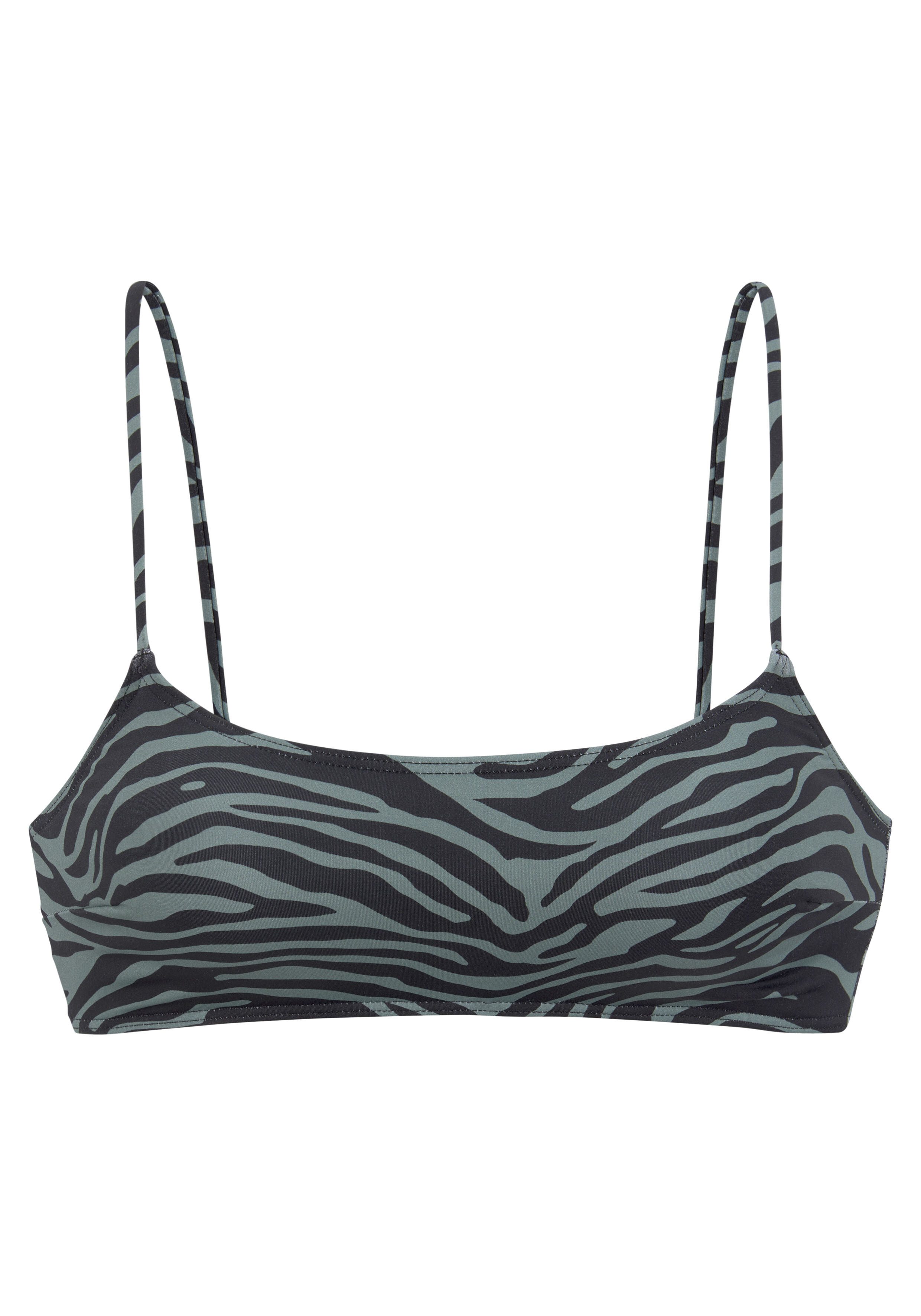 Grau-schwarzes Bikinioberteil mit Zebramuster und dünnen Trägern für lässige Sommerkleidung.