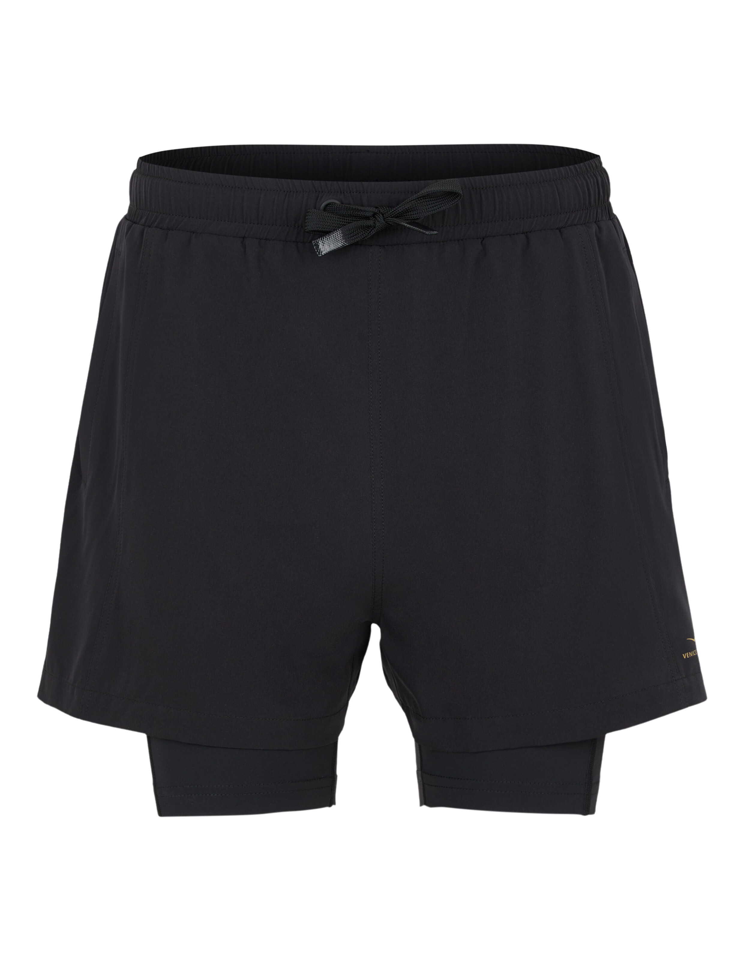 Schwarze ELBSAND 2-in-1-Freizeit-Sportshorts mit elastischem Kordelzugbund.