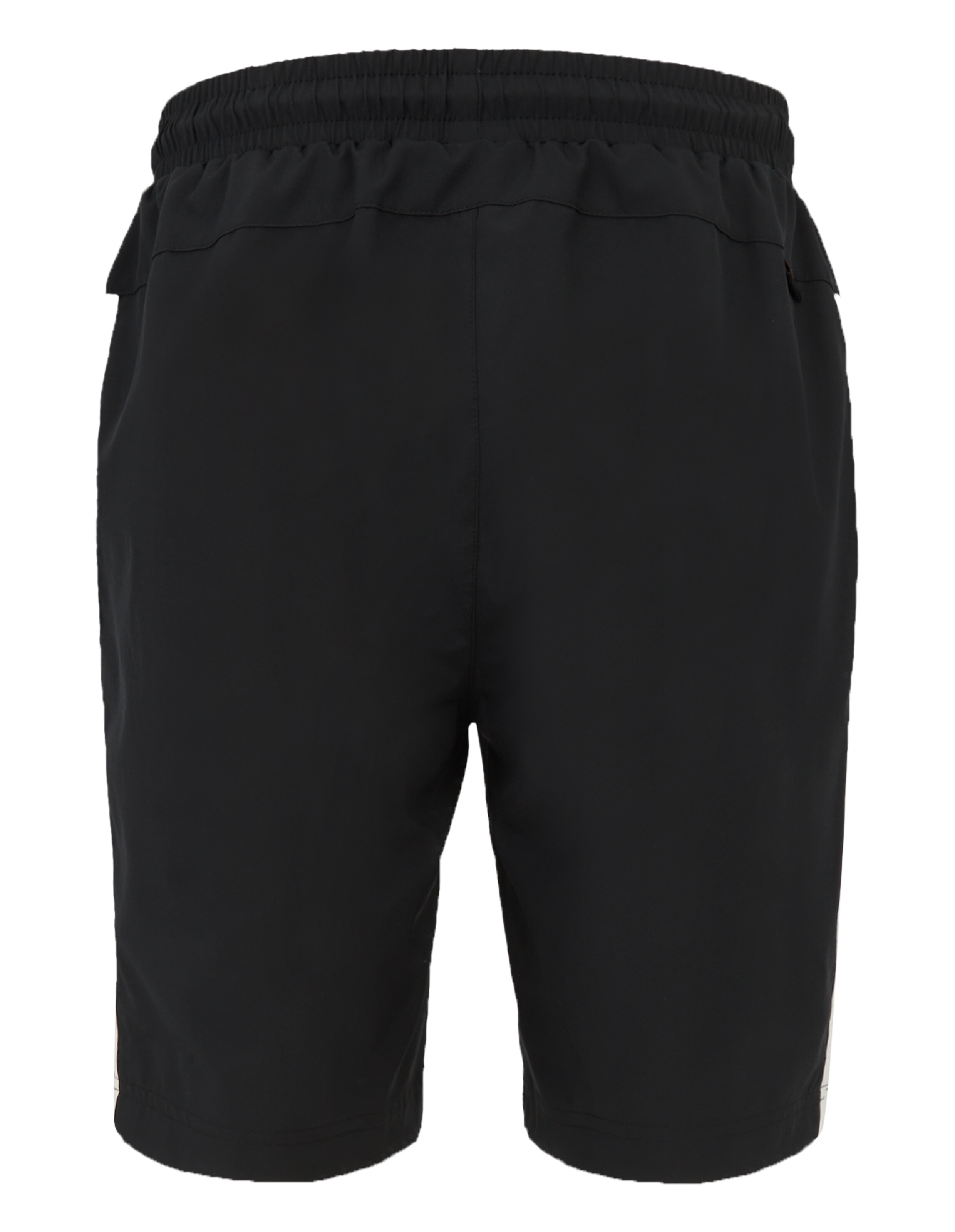 Rückansicht einer schwarzen, lässigen Lounge-Shorts mit elastischem Bund auf weißem Hintergrund.