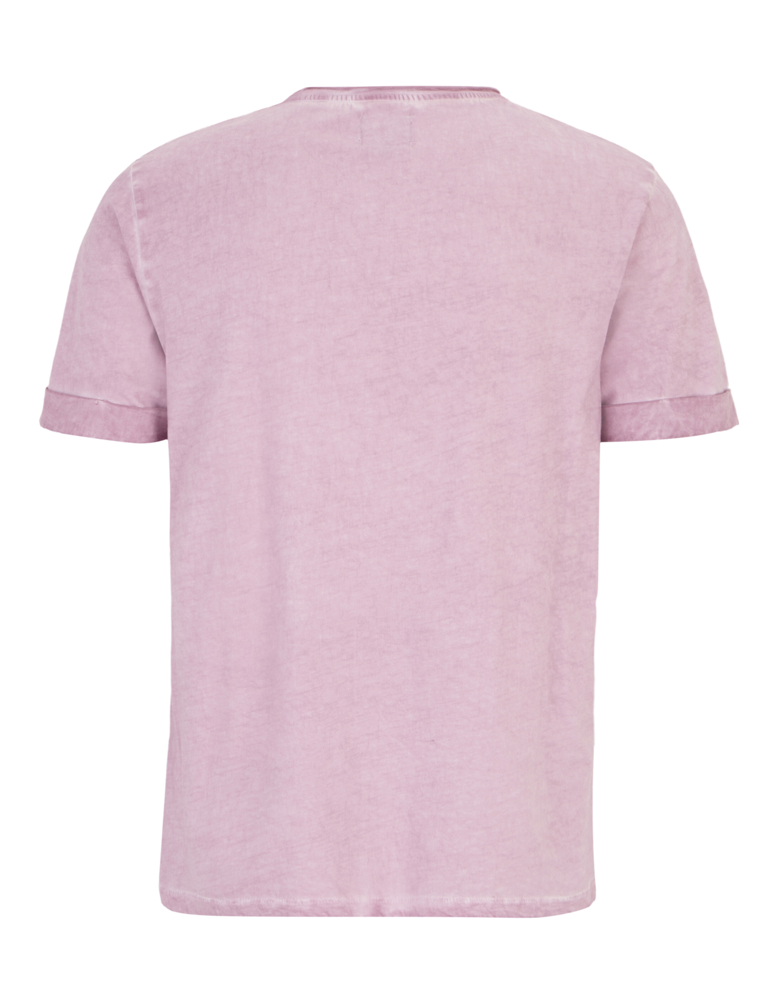 Rückansicht eines zartrosa Freizeit-T-Shirts mit hochgekrempelten Ärmeln für entspanntes Tragen.