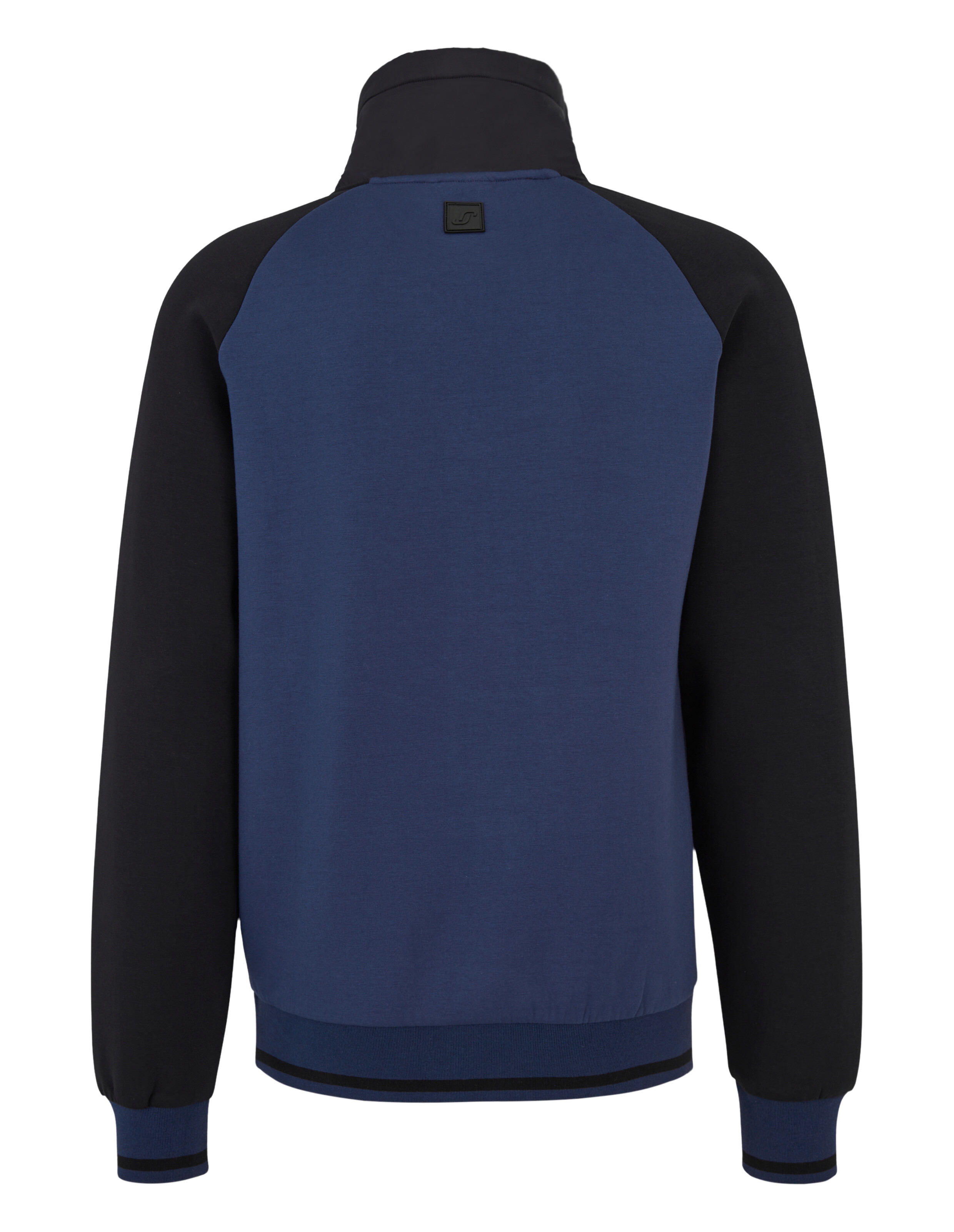 Rückansicht einer blau-schwarzen Freizeitjacke mit Reißverschluss und Stehkragen.
