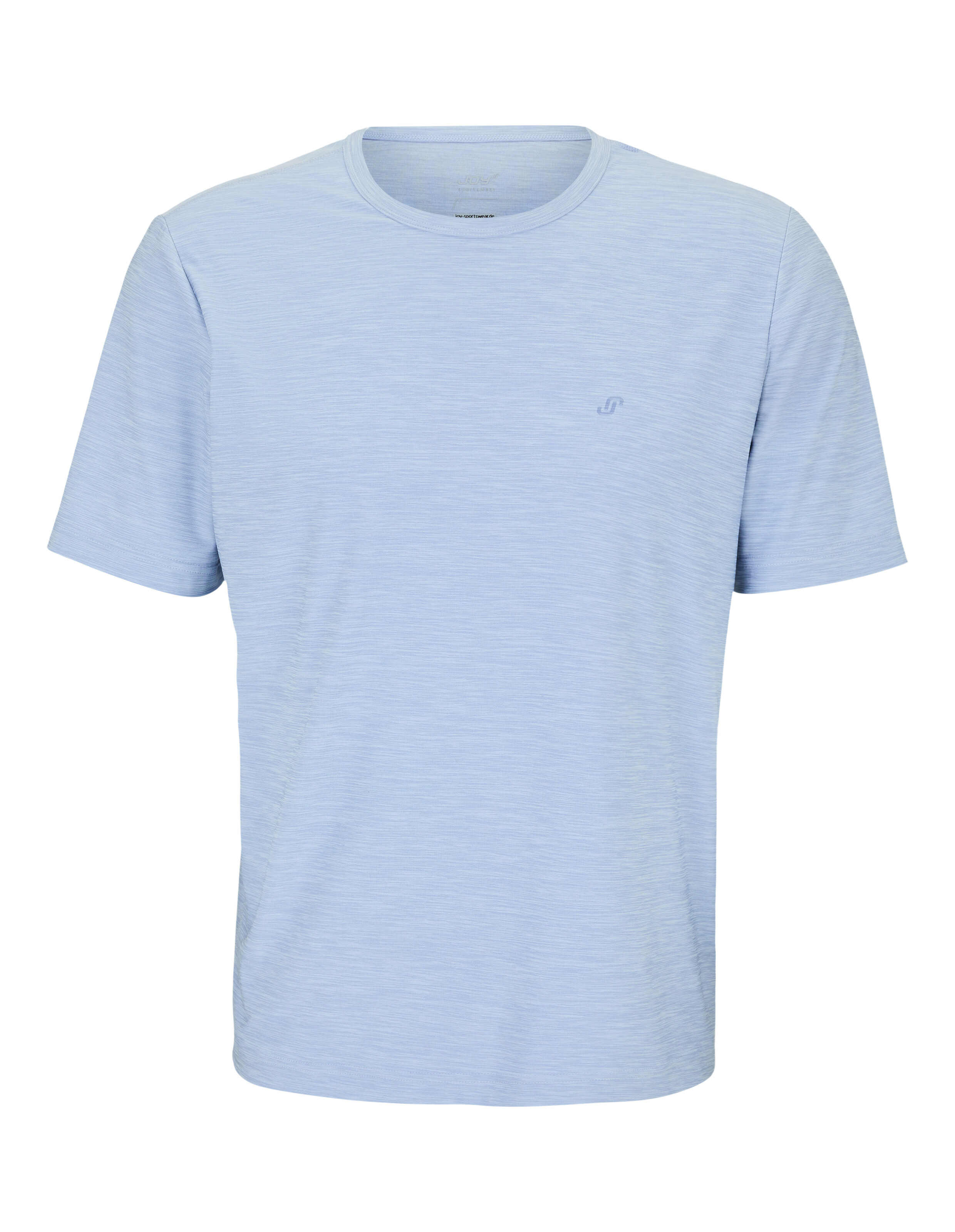 Ein hellblaues T-Shirt mit kurzärmeligem Rundhalsausschnitt und einem dezenten Logostick.