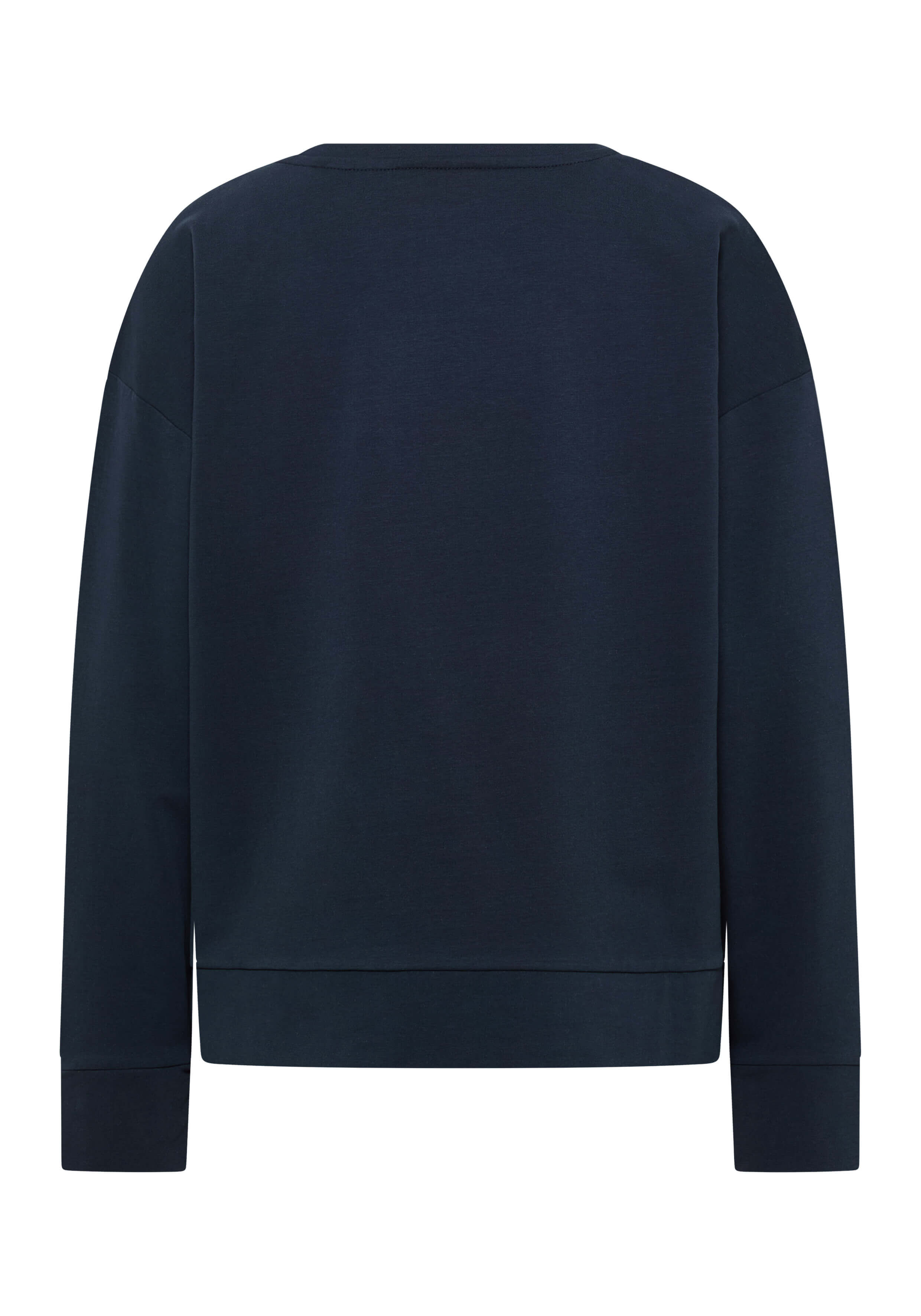 Rückansicht eines gemütlichen marineblauen Langarm-Sweatshirts für lässige Lounge-Kleidung.