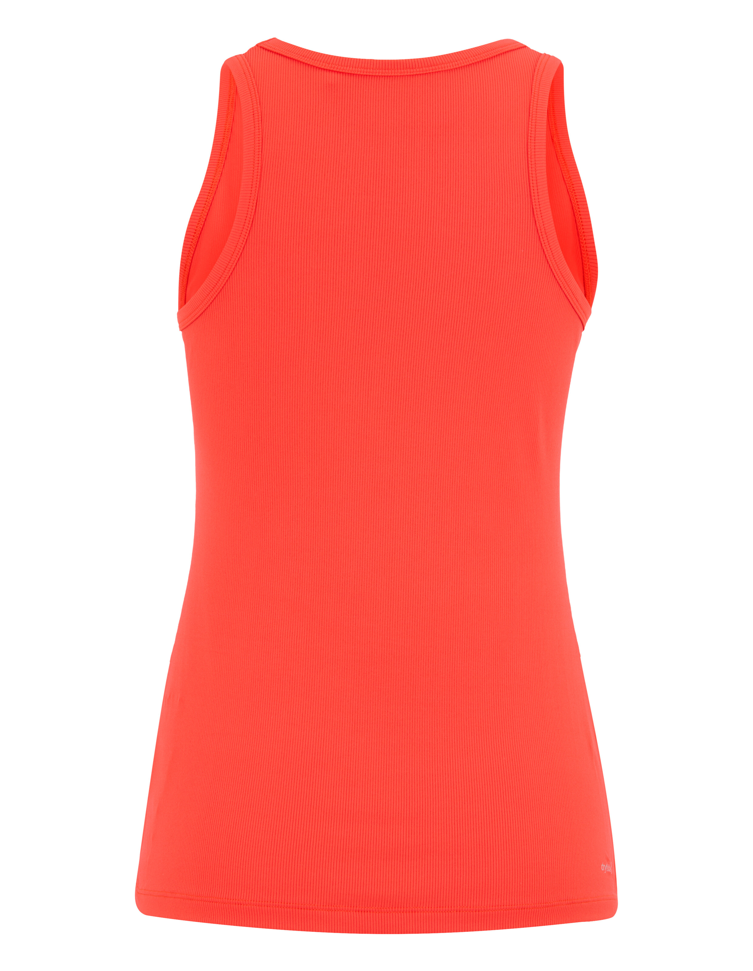 Rückansicht eines gerippten Tanktops in leuchtendem Korallenrot für Freizeitkleidung.