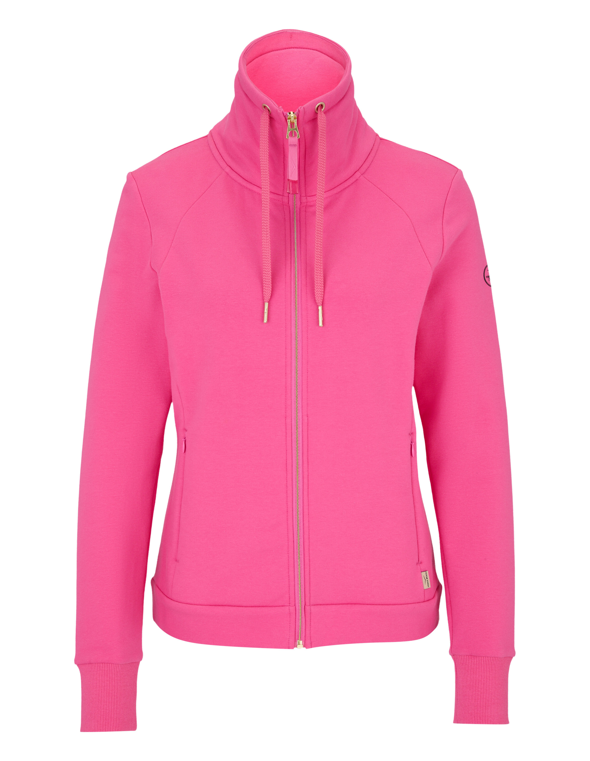Leuchtend rosafarbenes ELBSAND-Reißverschluss-Sweatshirt mit hohem Kragen und lässiger, gemütlicher Passform.