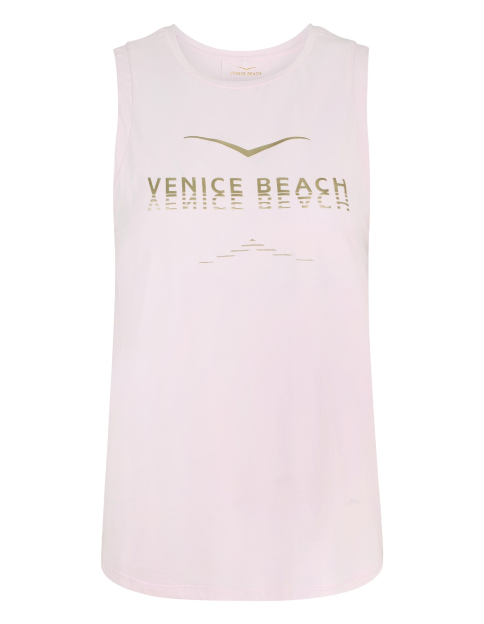 Hellrosa ärmelloses Oberteil mit „Venice Beach“-Grafikdruck, ideal für Freizeitkleidung.