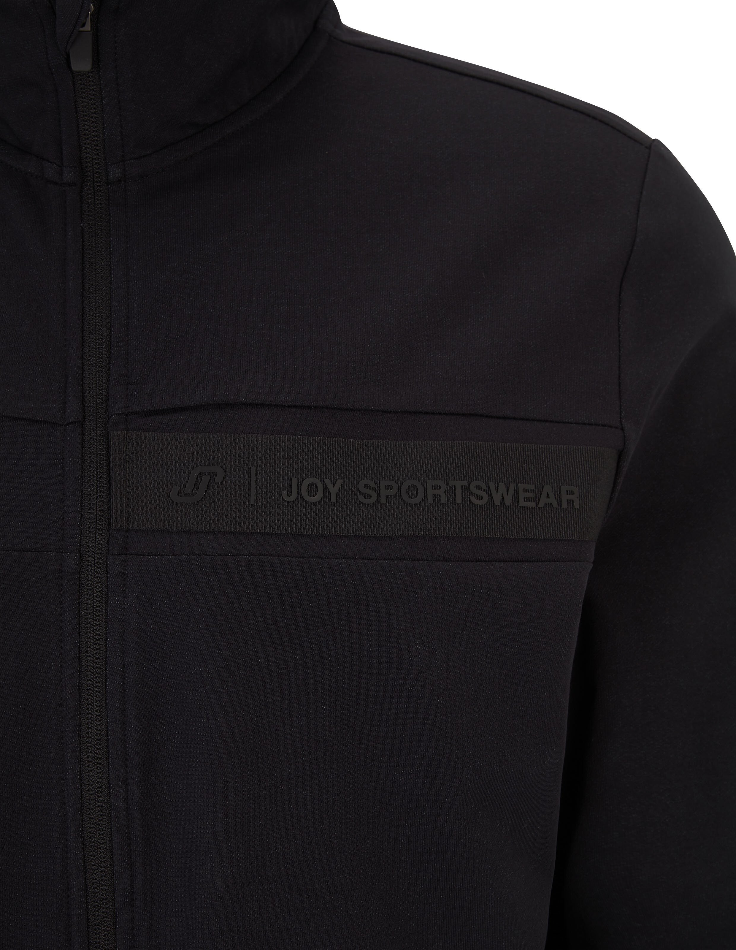 Schwarze Sportjacke mit Reißverschluss und Joy Sportswear-Logo auf der Brust, schlichtes Design, elegante Linienführung.