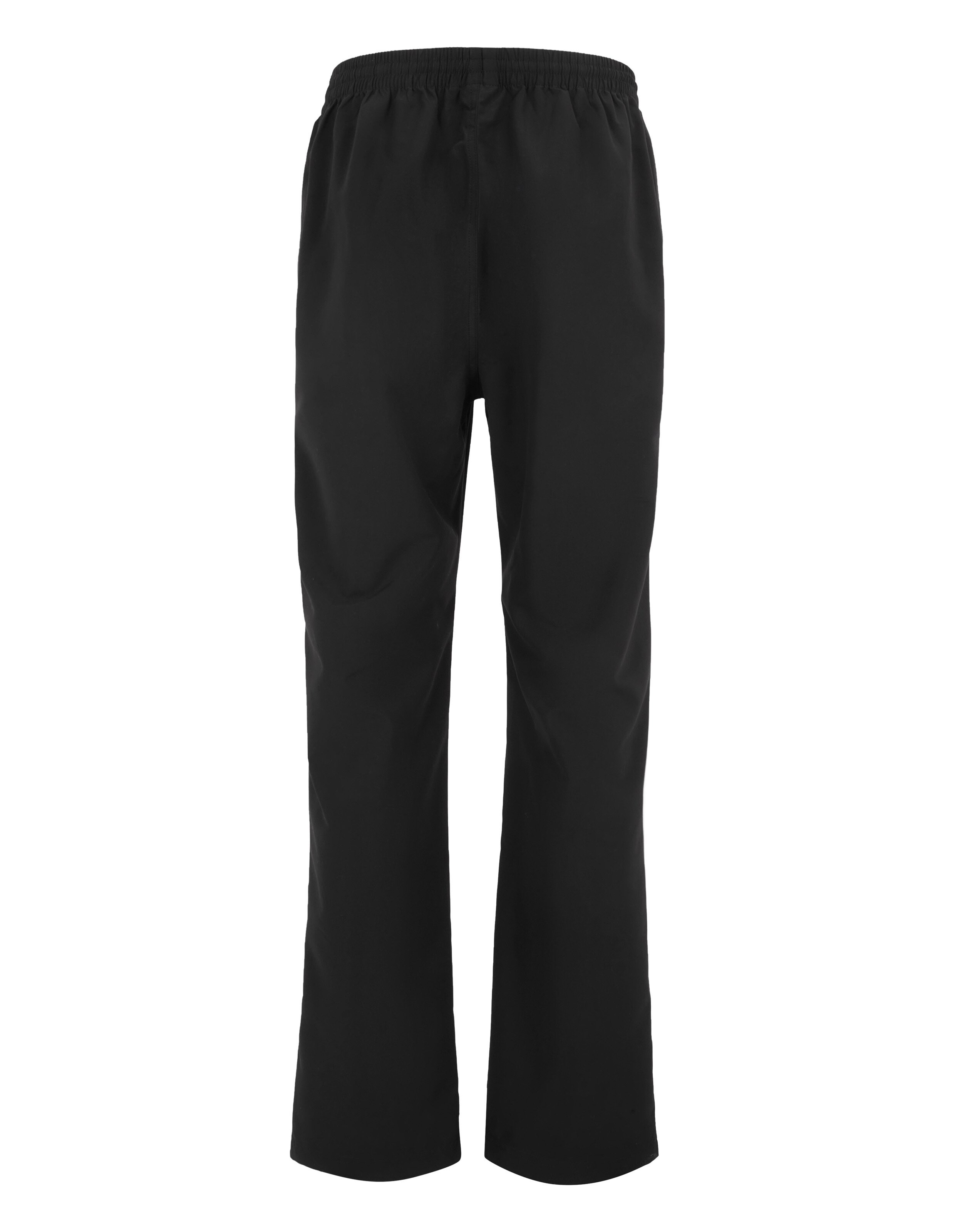 Schwarze, gerade geschnittene Hose mit elastischem Bund und seitlichen Taschen, ideal für Freizeitkleidung.