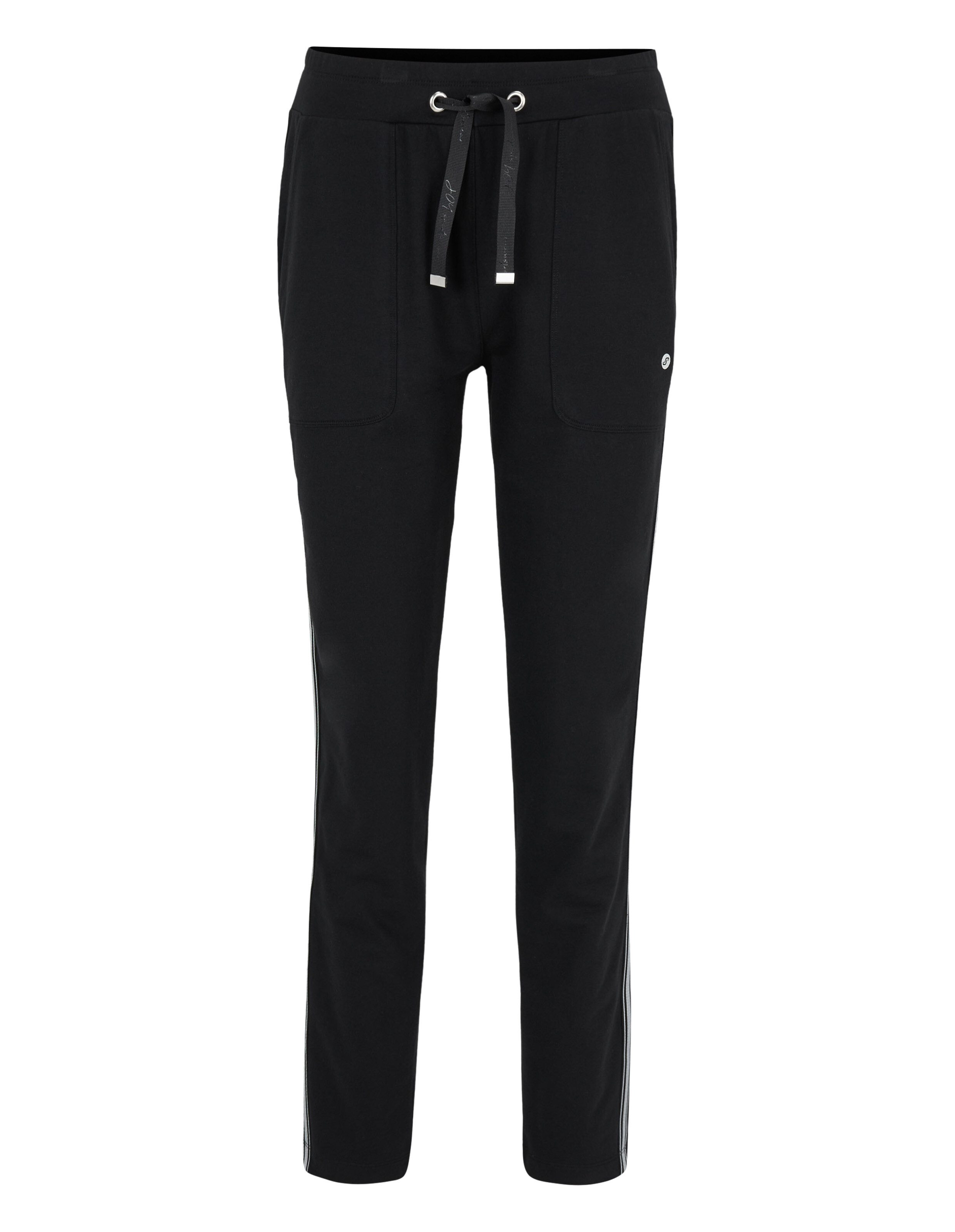 Schwarze Hose mit seitlichen Streifen und verstellbarem Bund mit Kordelzug.