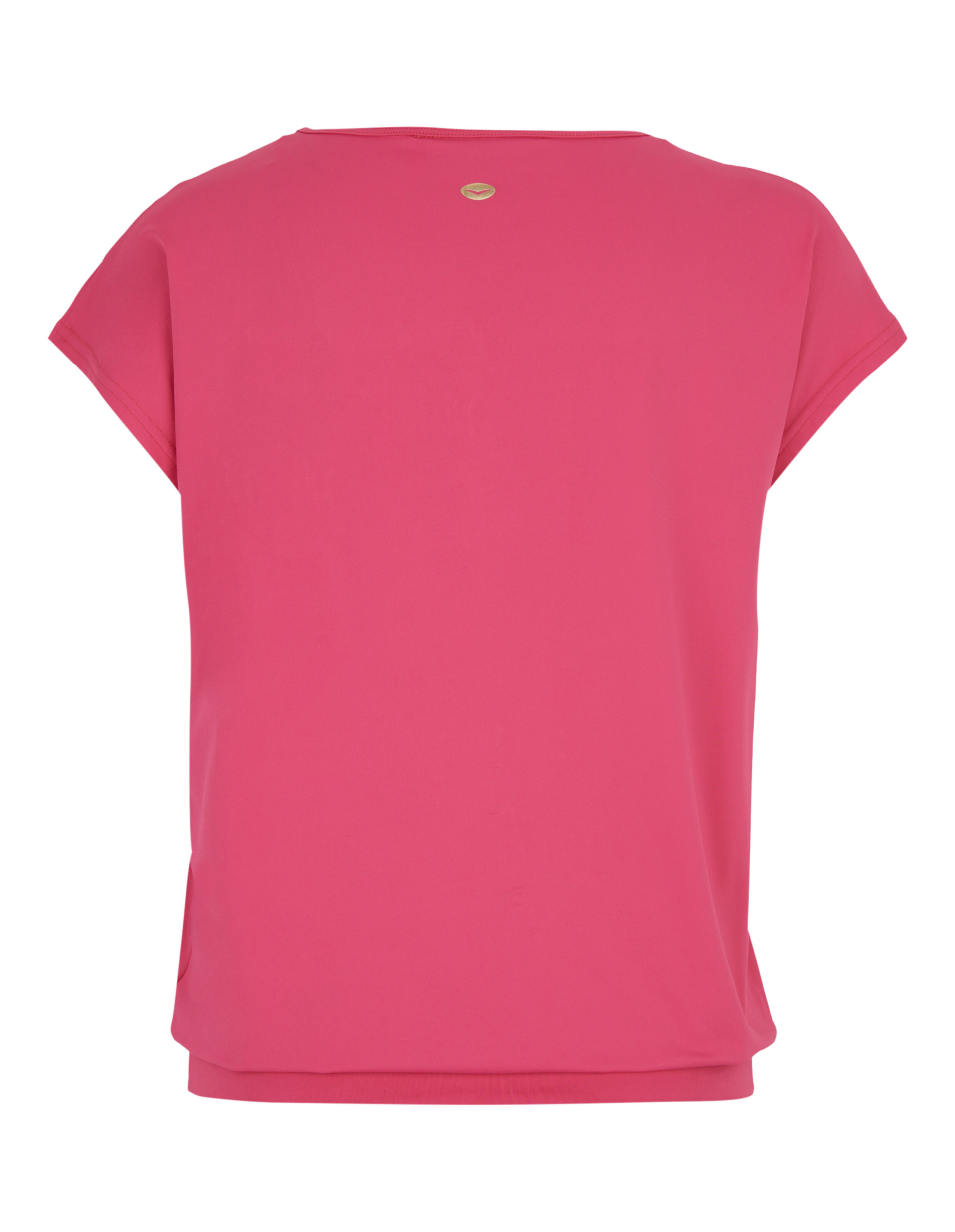 Rückansicht eines rosa Freizeitoberteils mit kurzen Ärmeln und entspannter Passform.