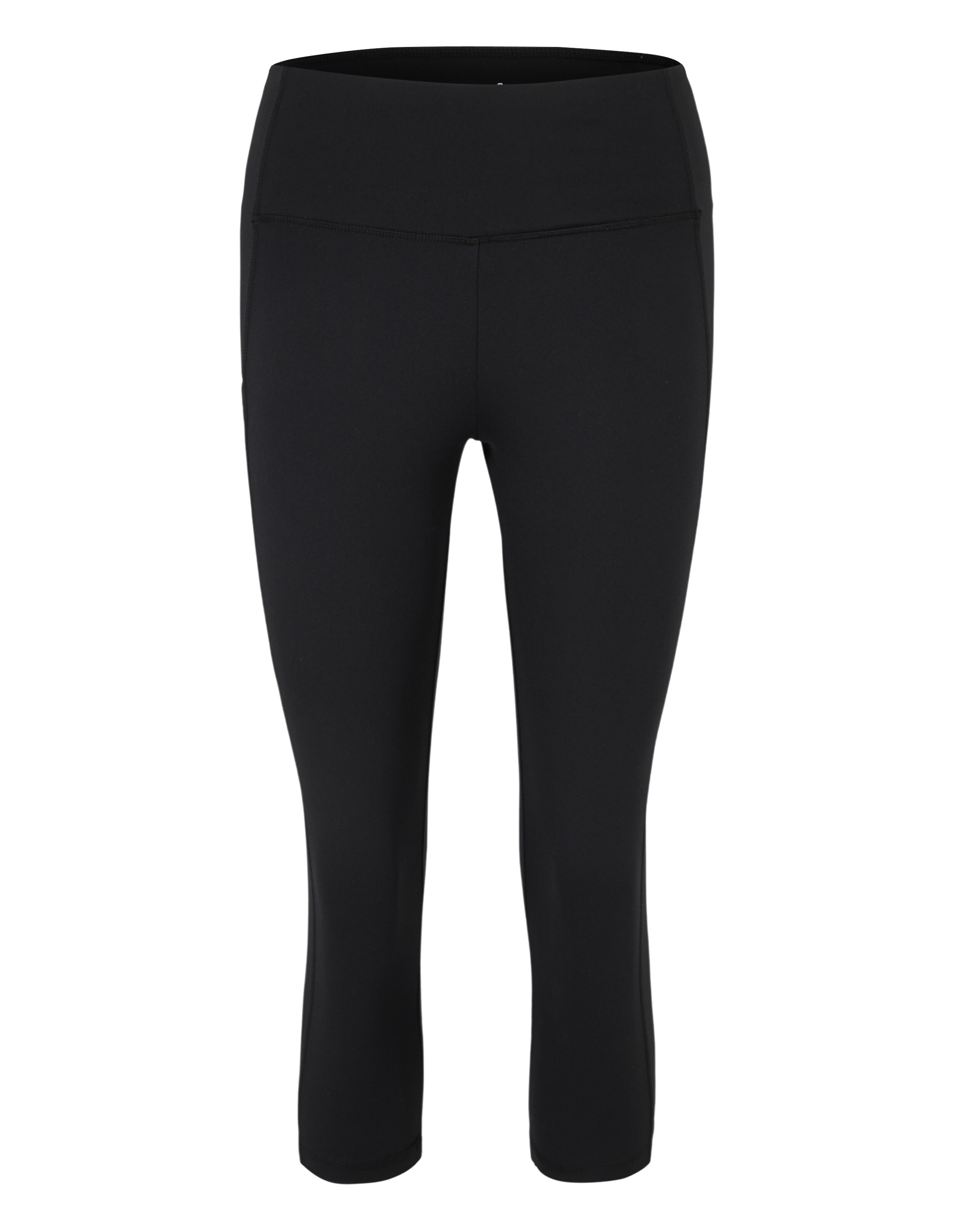 Dreiviertellange, schwarze Leggings mit hohem Bund, aus glattem, elastischem Material, ohne sichtbare Logos oder Muster.