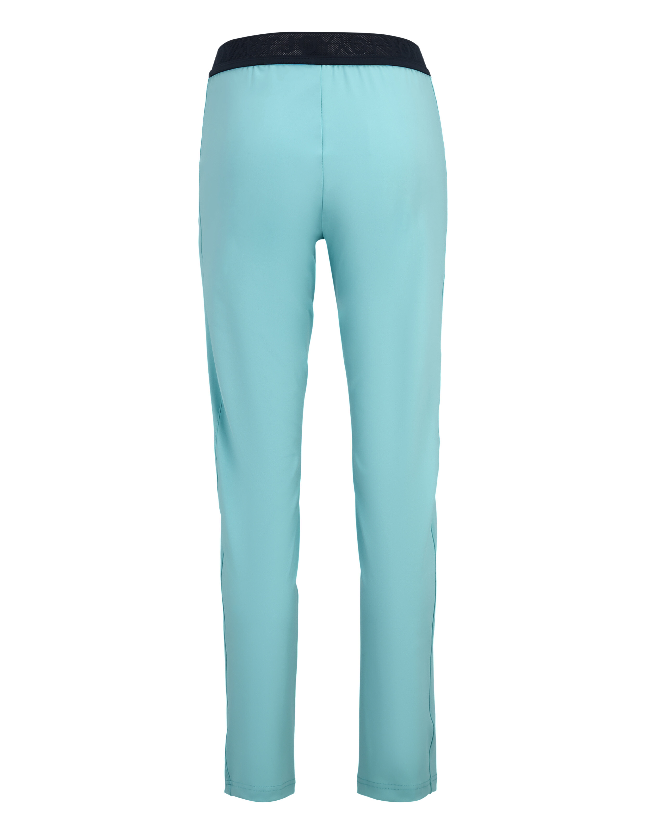Hellblaue Hose mit geradem Bein, dunkelblauem elastischem Bund; Rückansicht auf weißem Hintergrund.