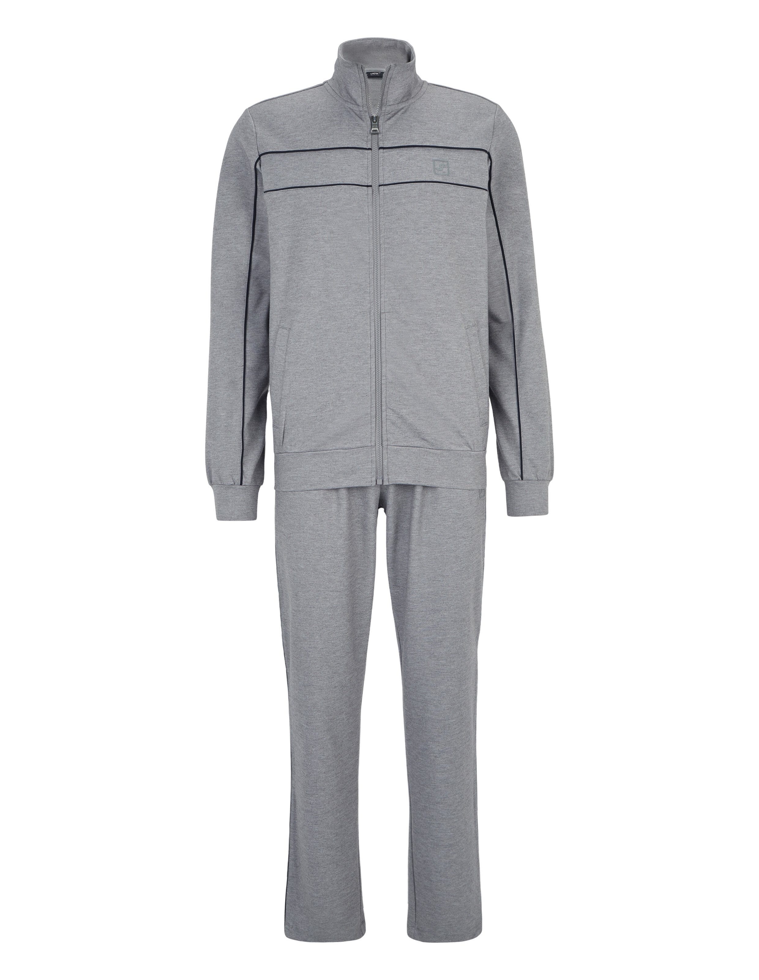 Grauer Jogginganzug mit Stehkragen, durchgängigem Reißverschluss und blauen Zierstreifen, bestehend aus Jacke und Hose.