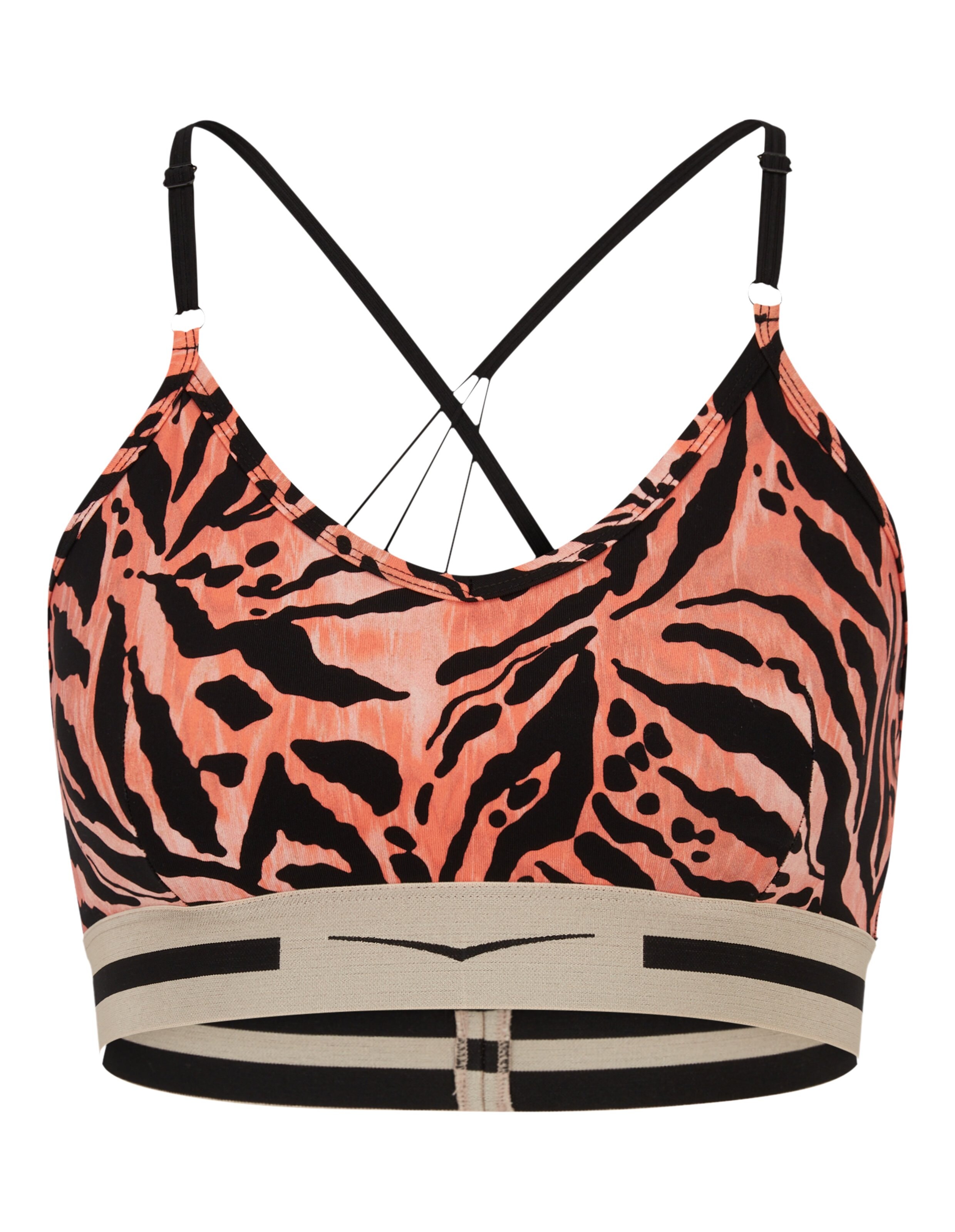Venice Beach Top Oakley Sport-BH mit orangefarbenem Tigerprint und schwarzen Trägern.