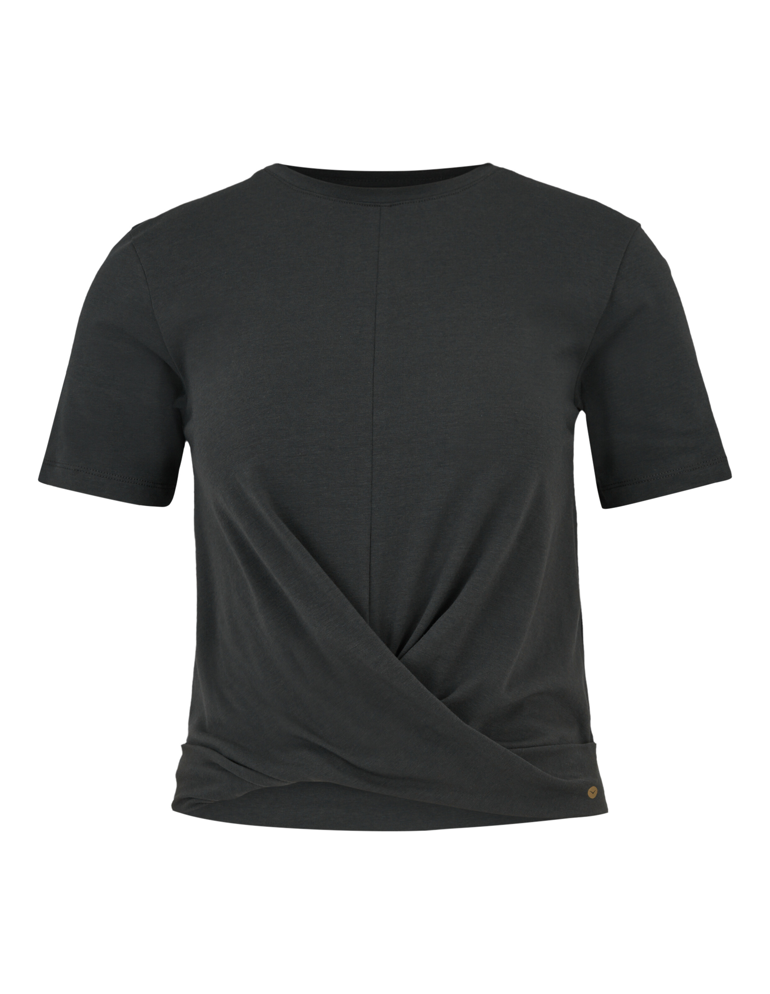 Schwarzes, kurzärmliges Freizeit-T-Shirt mit stylischem Twist-Detail auf der Vorderseite.