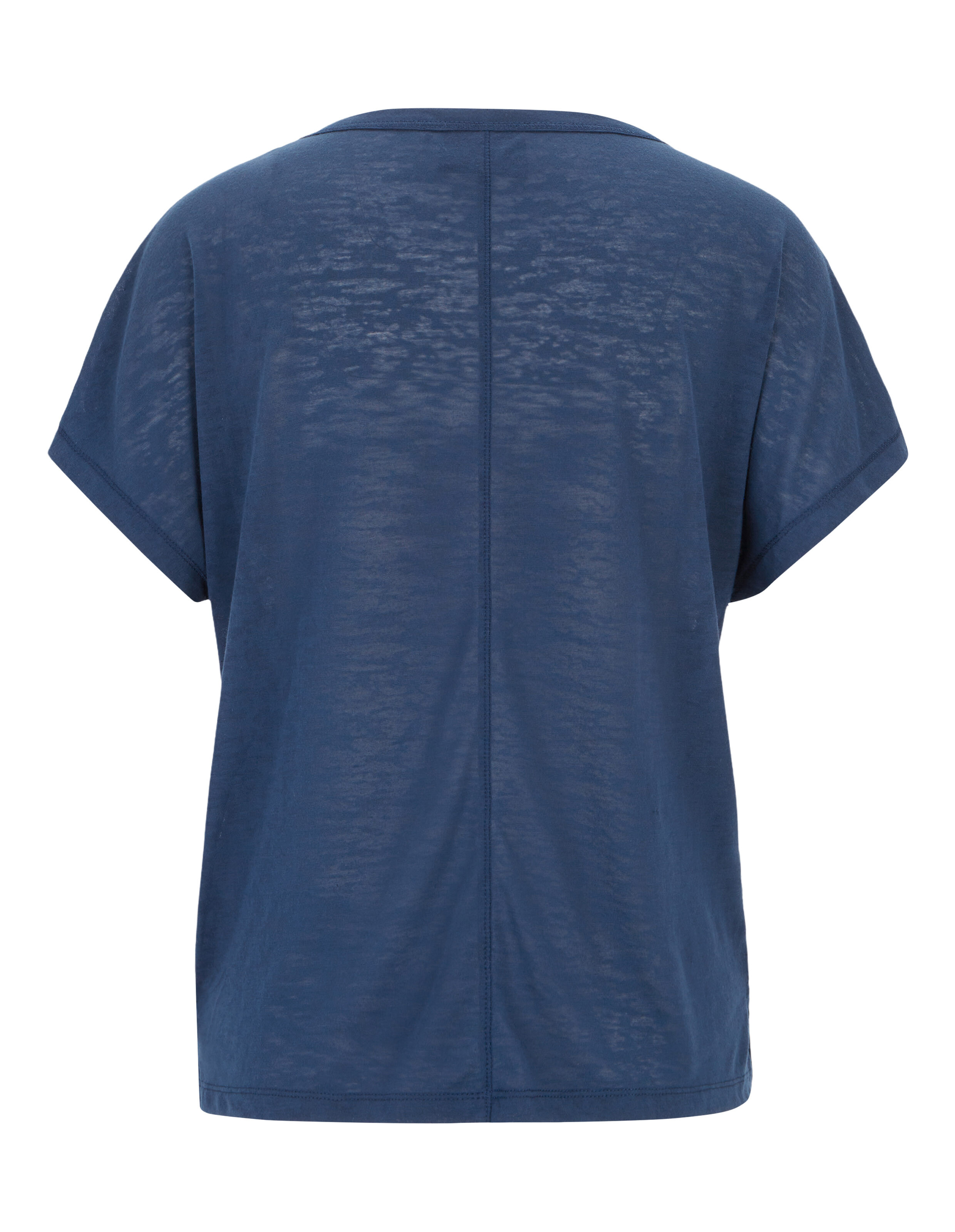 Rückansicht eines dunkelblauen Freizeit-T-Shirts mit entspannter Passform und kurzen Ärmeln.