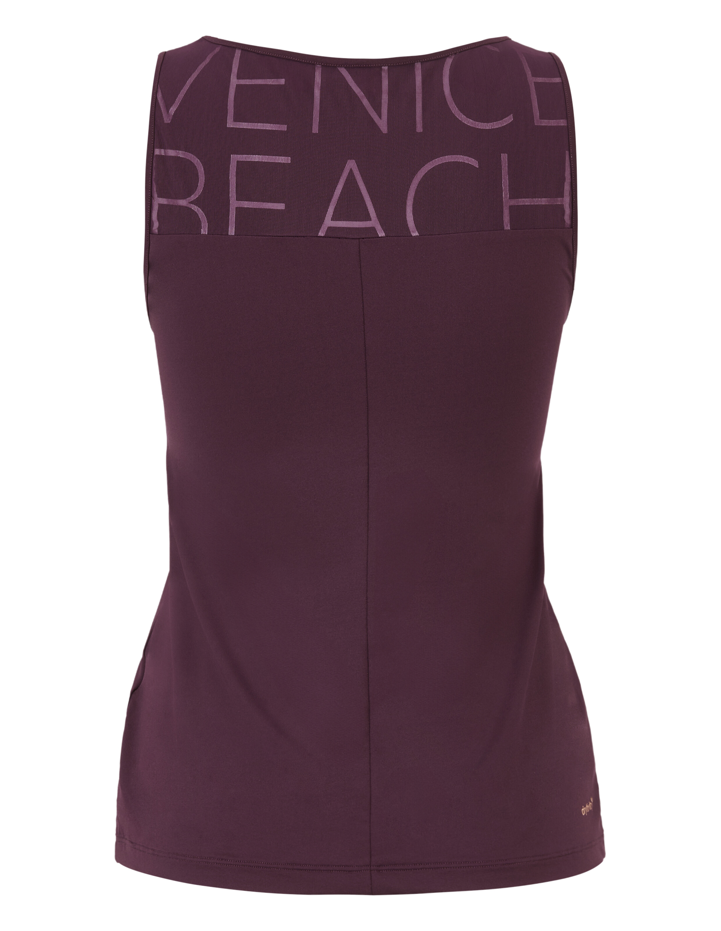 Rückansicht eines lila Tanktops mit dem Text „Venice Beach“, ideal für Freizeitkleidung.