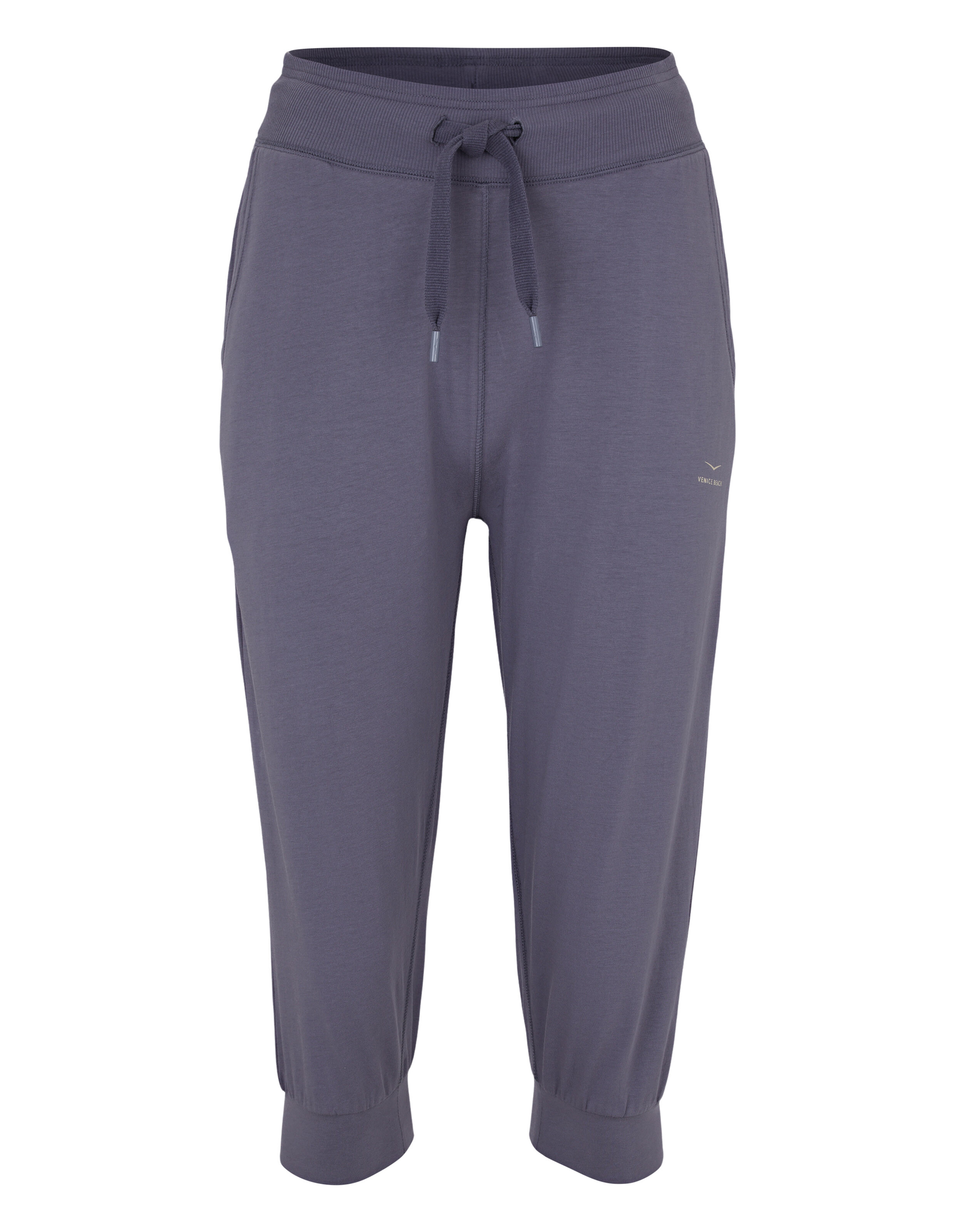 Dunkelgraue, verkürzte Lounge-Hose mit Kordelzug in der Taille für bequemen Freizeitlook.