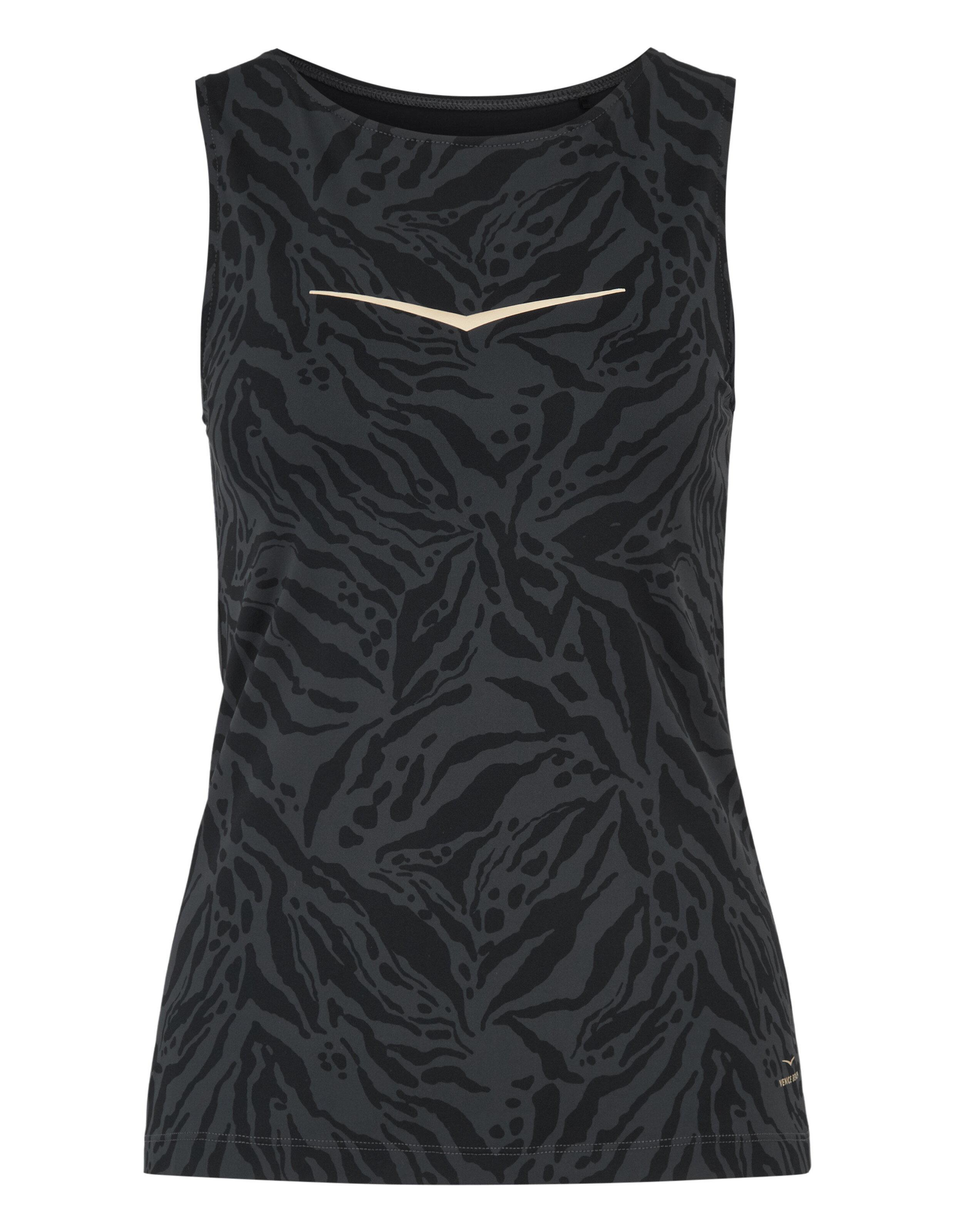 Schwarzes ärmelloses Tanktop mit dunklem Animal-Print-Muster und goldenem Logo-Detail.