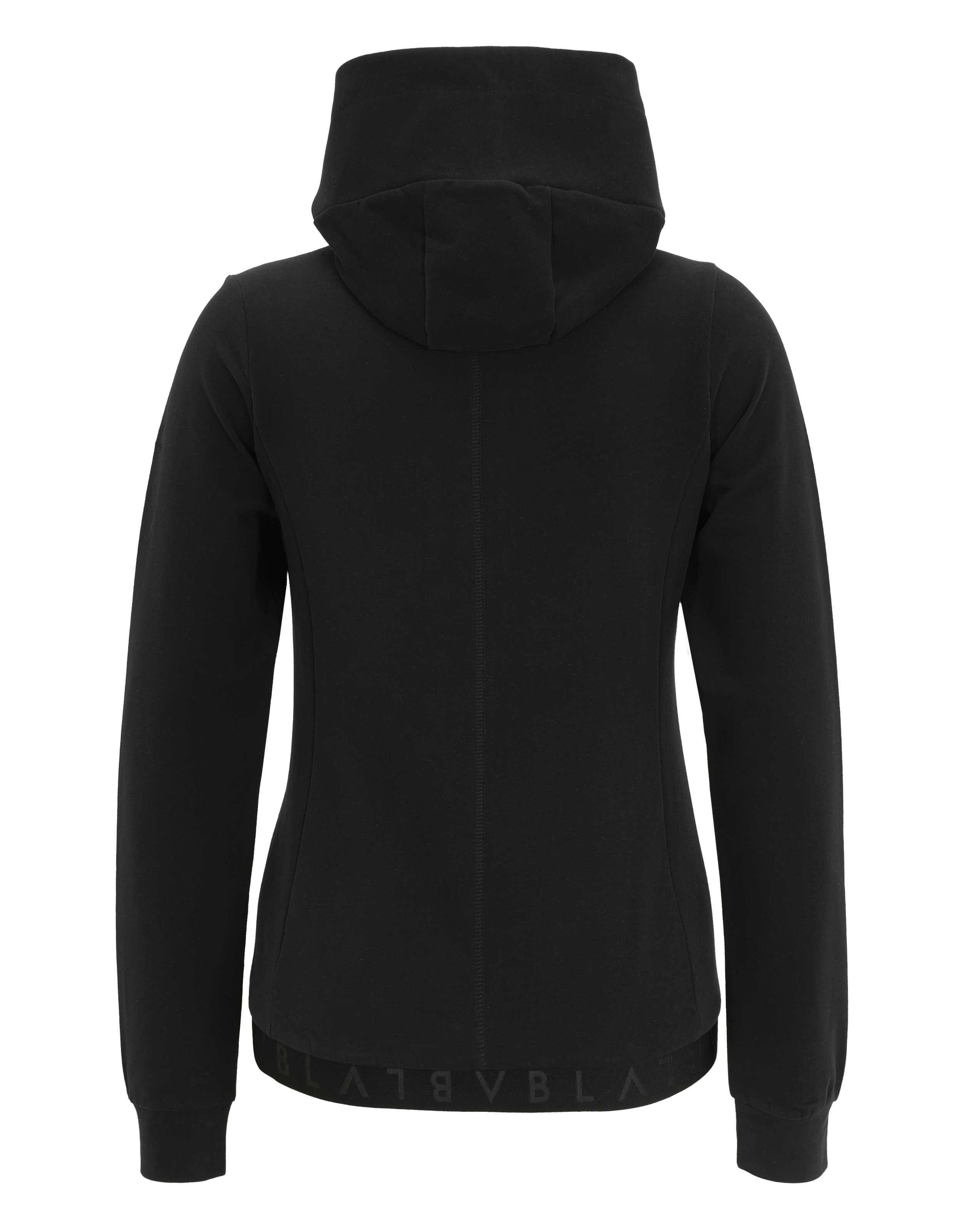 Rückansicht eines schwarzen ELBSAND-Hoodies mit bequemer Passform und Markensaum für Freizeitkleidung.