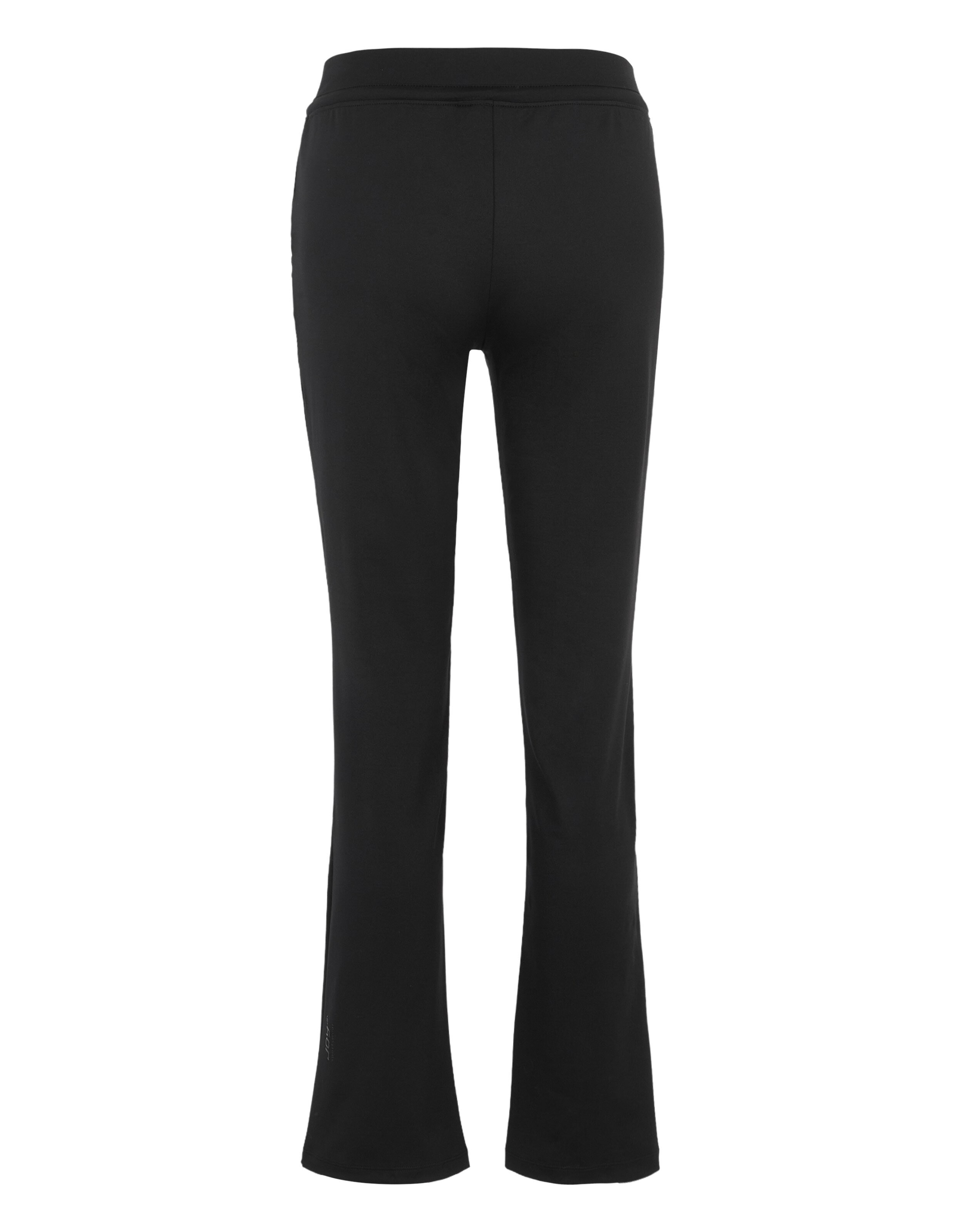 Schwarze, gerade geschnittene Hose mit elastischem Bund, glatter Oberfläche und leicht ausgestellten Beinen, von hinten gesehen.