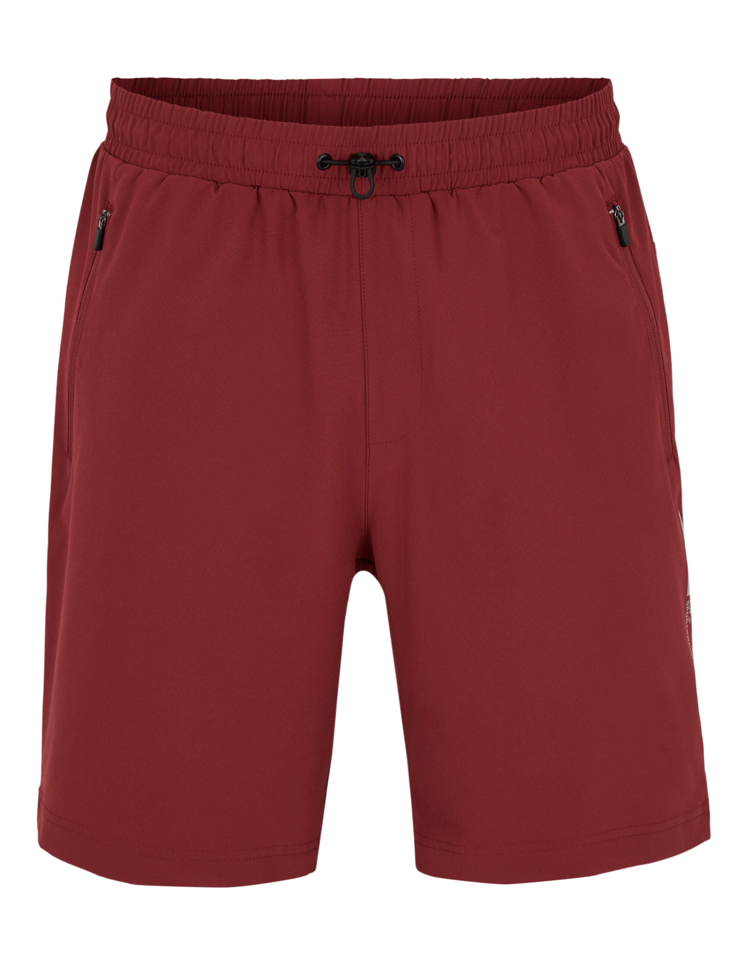 Rote Herren-Shorts mit elastischem Bund, Kordelzug und zwei Reißverschlusstaschen an den Seiten für einen sportlichen Look.