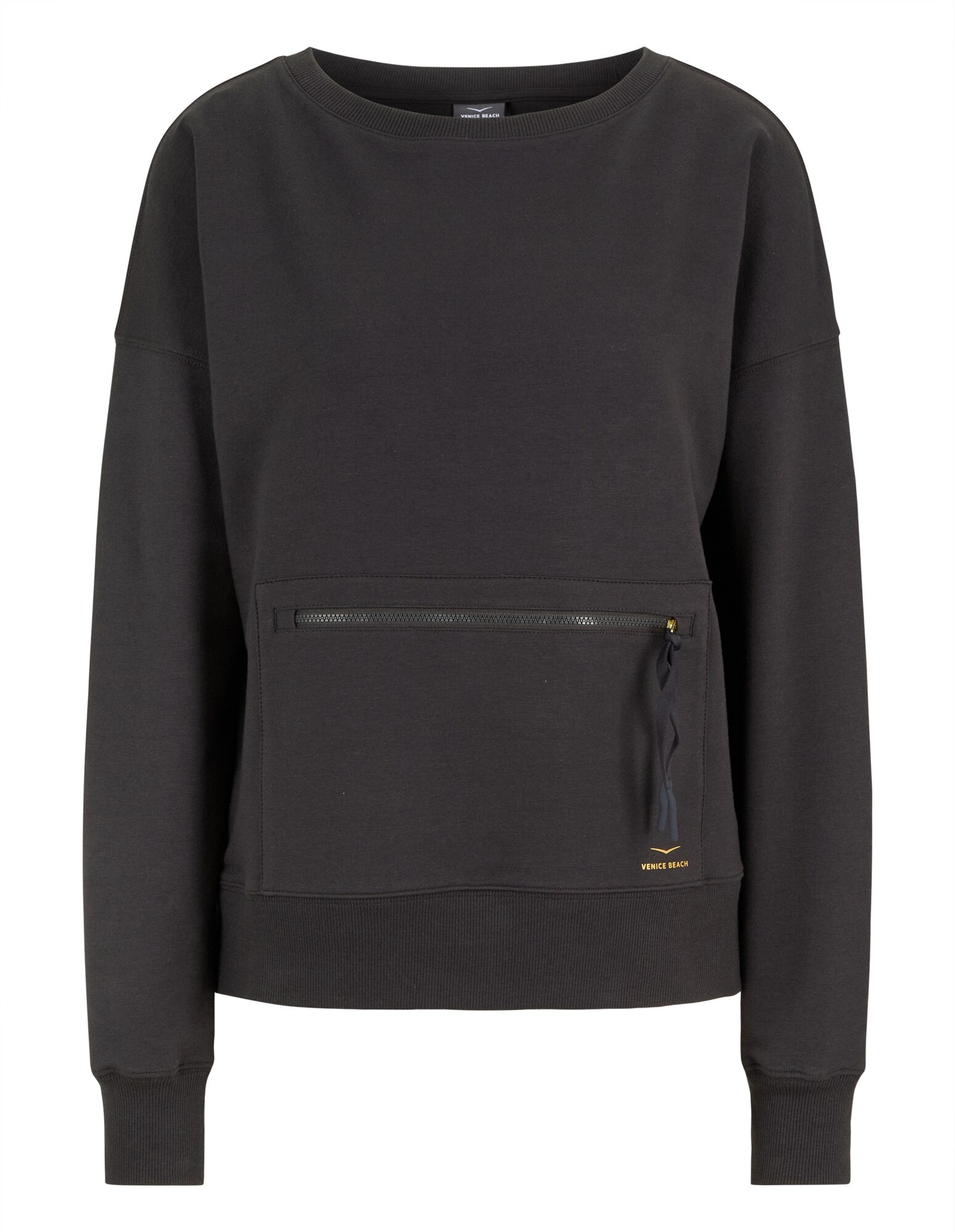 Gemütliches schwarzes Sweatshirt mit Reißverschlusstasche vorne und entspannter Passform für Freizeitkleidung.