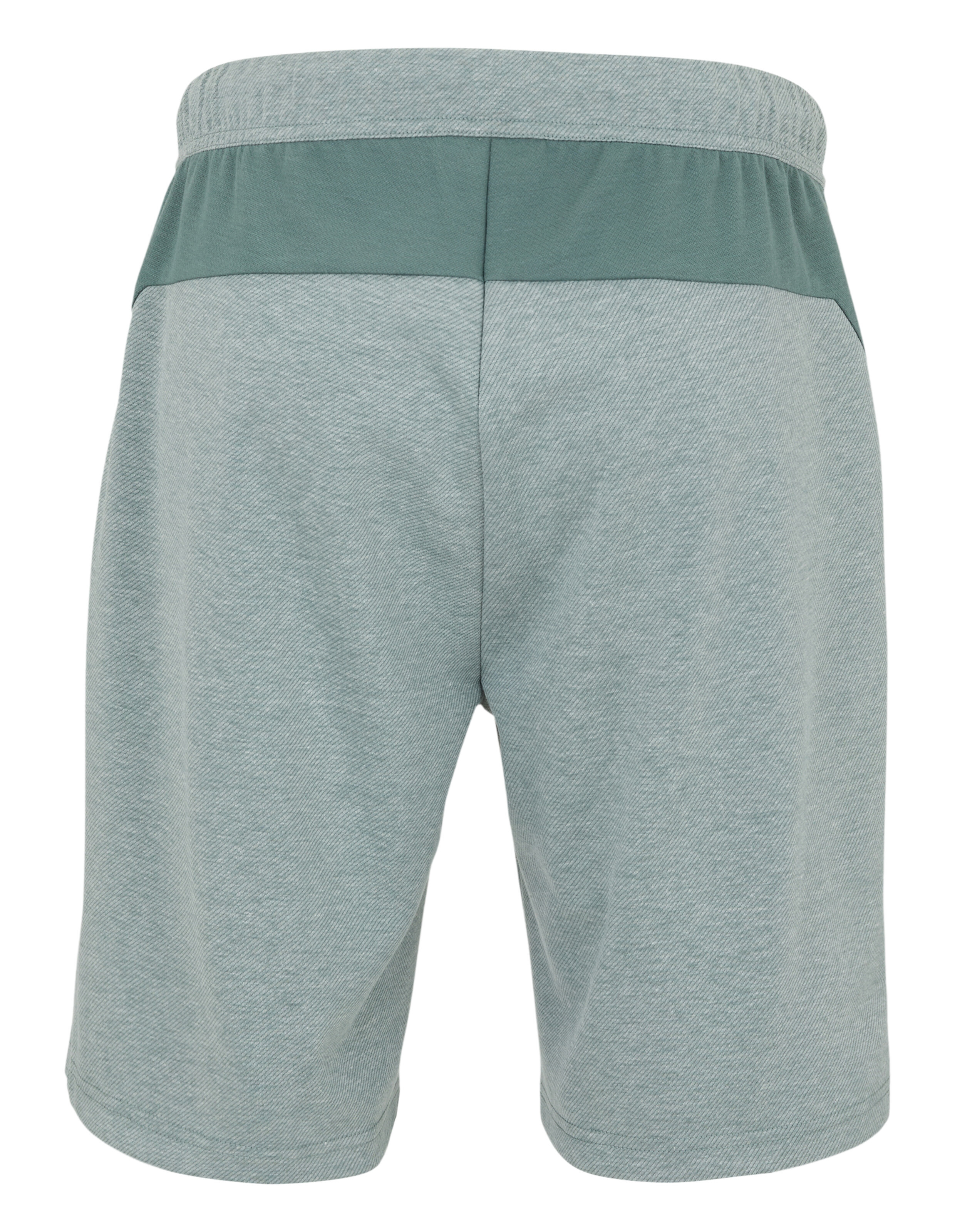 Hellgraue Shorts mit einem durchgehenden Streifen in einem dunkleren Grünton, elastischem Bund und schlichtem Schnitt.