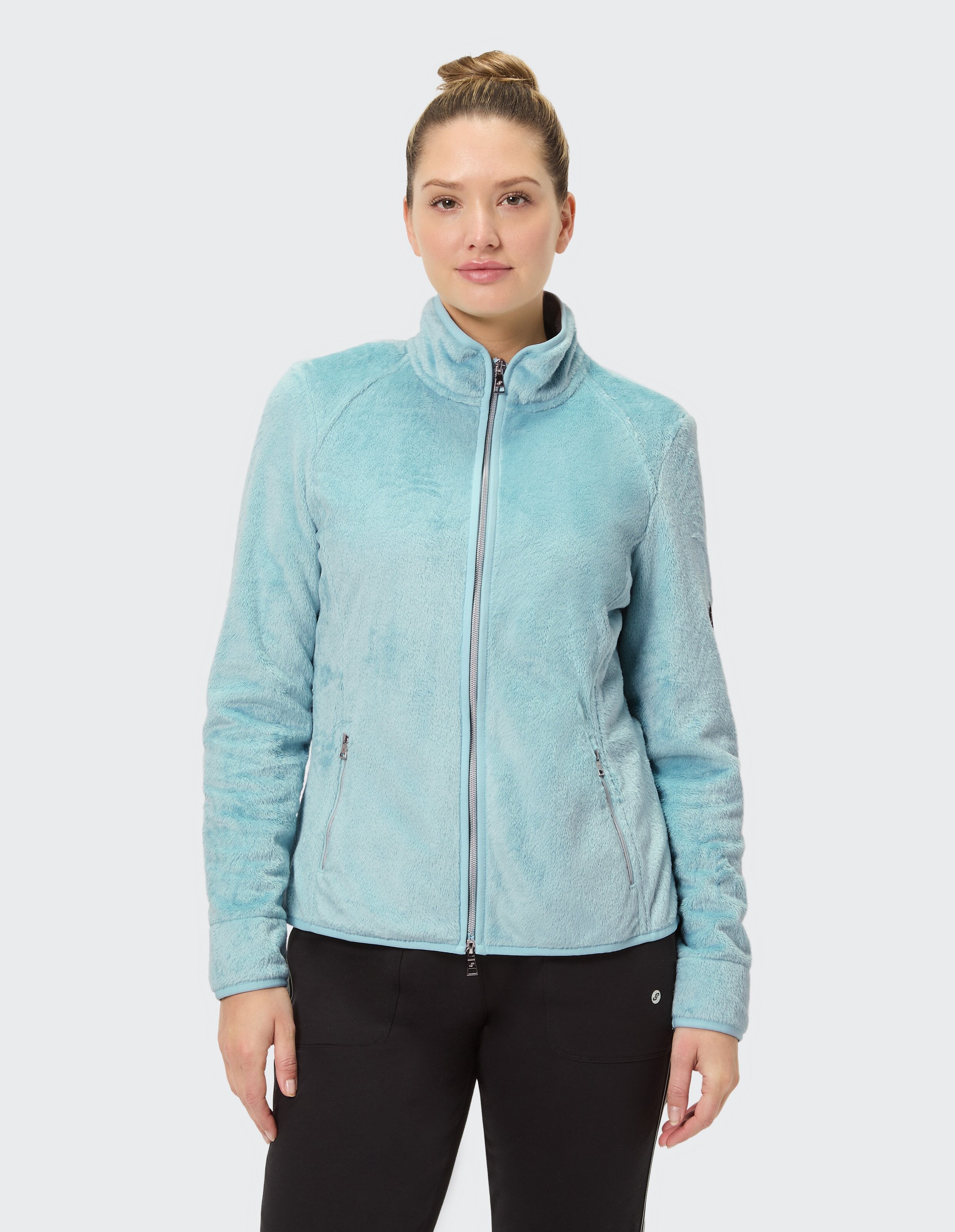 Hellblaue Fleecejacke mit Reißverschluss, perfekt für Freizeitkleidung.