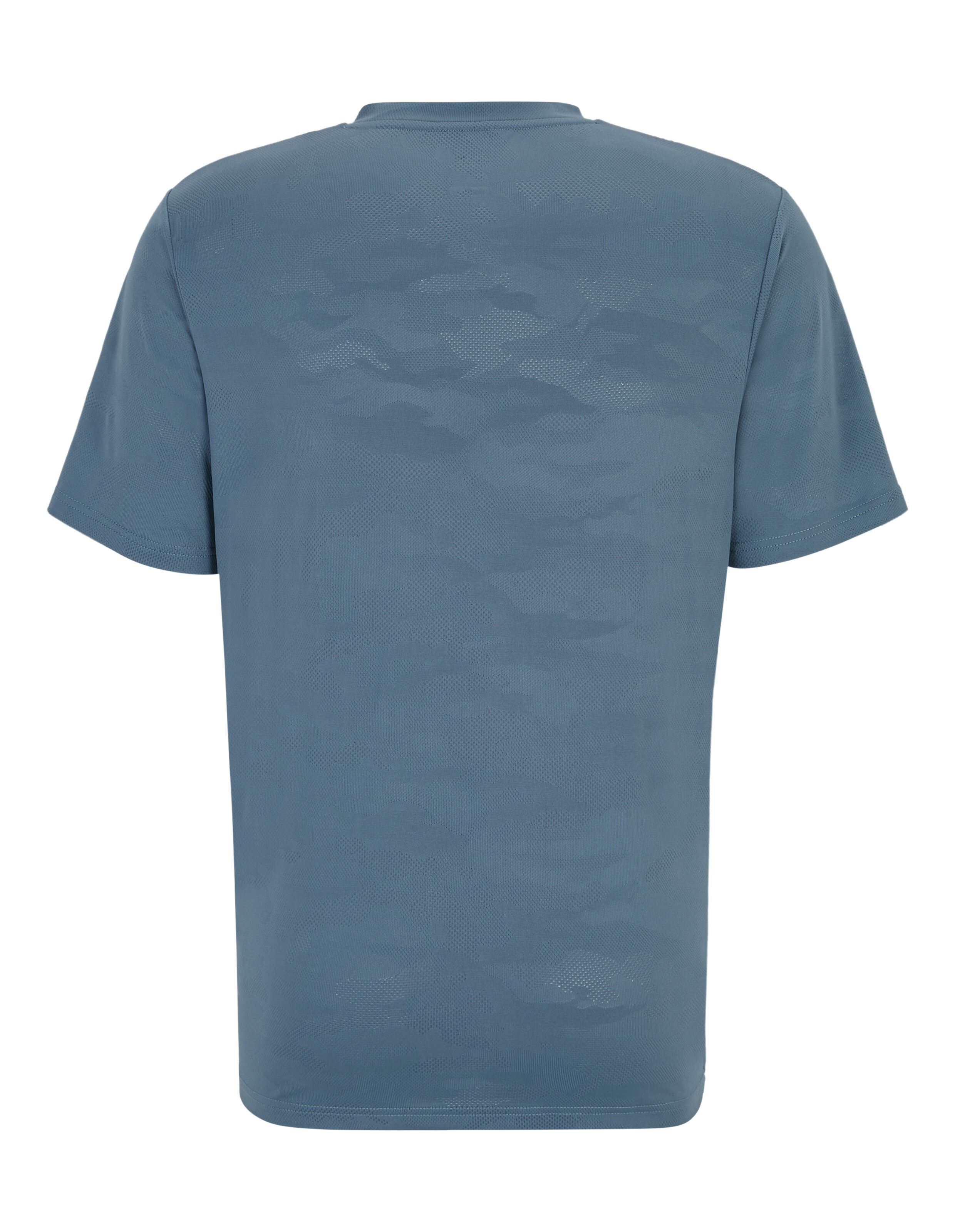 Ein schlichtes, kurzärmliges, blaues T-Shirt von hinten, mit leichtem Camouflage-Muster und rundem Halsausschnitt.