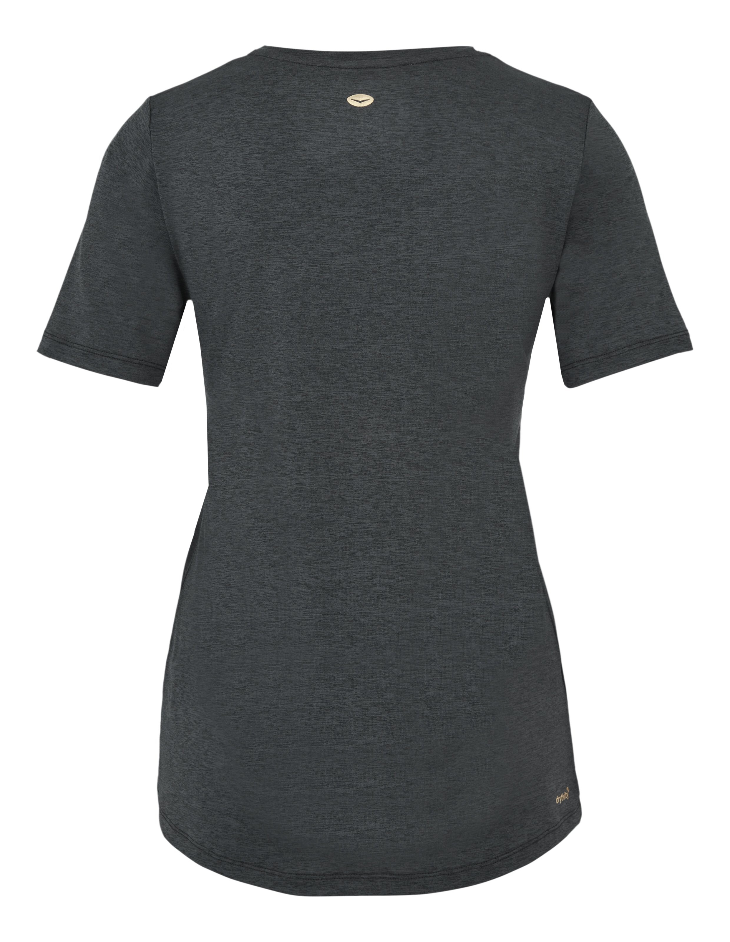 Rückansicht eines dunkelgrau melierten Freizeit-T-Shirts mit kurzen Ärmeln.