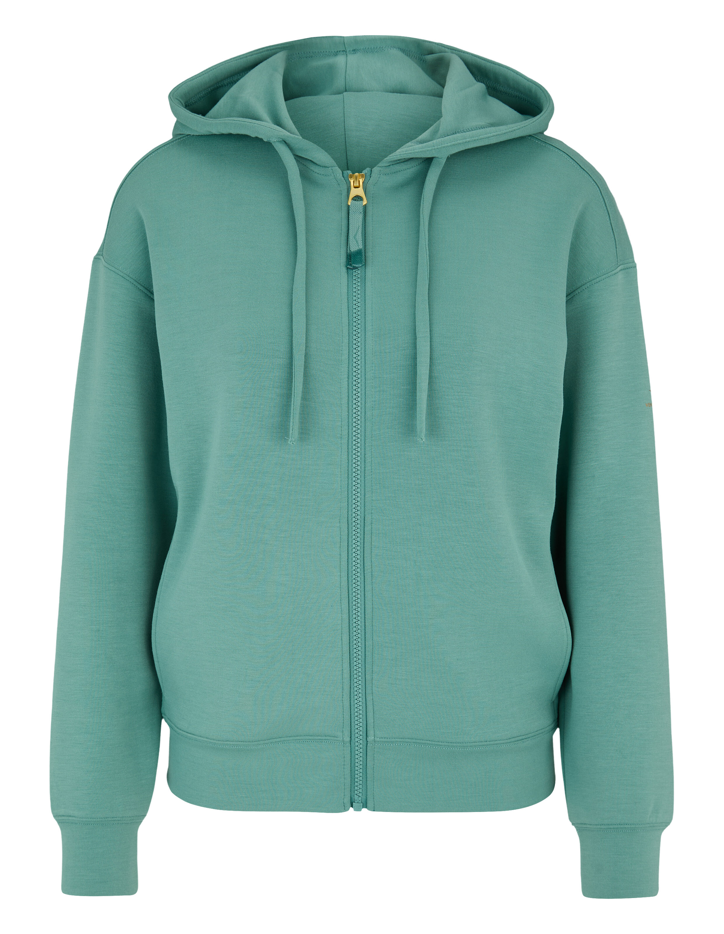 Kuscheliger blaugrüner Kapuzenpullover mit Kapuze und Vordertaschen für Freizeitkleidung.