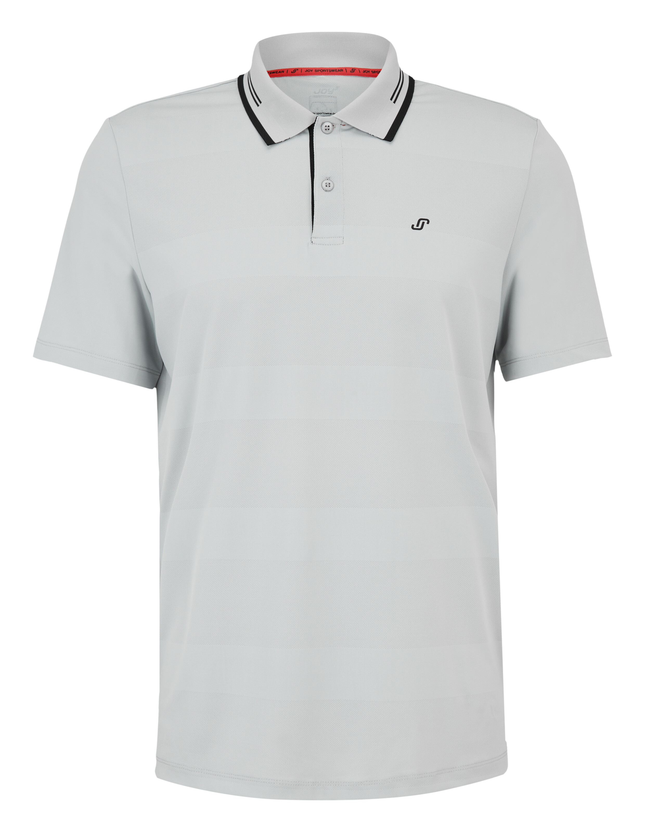 Hellgraues Kurzarm-Poloshirt mit schwarz gestreiftem Kragen und Knopfleiste.