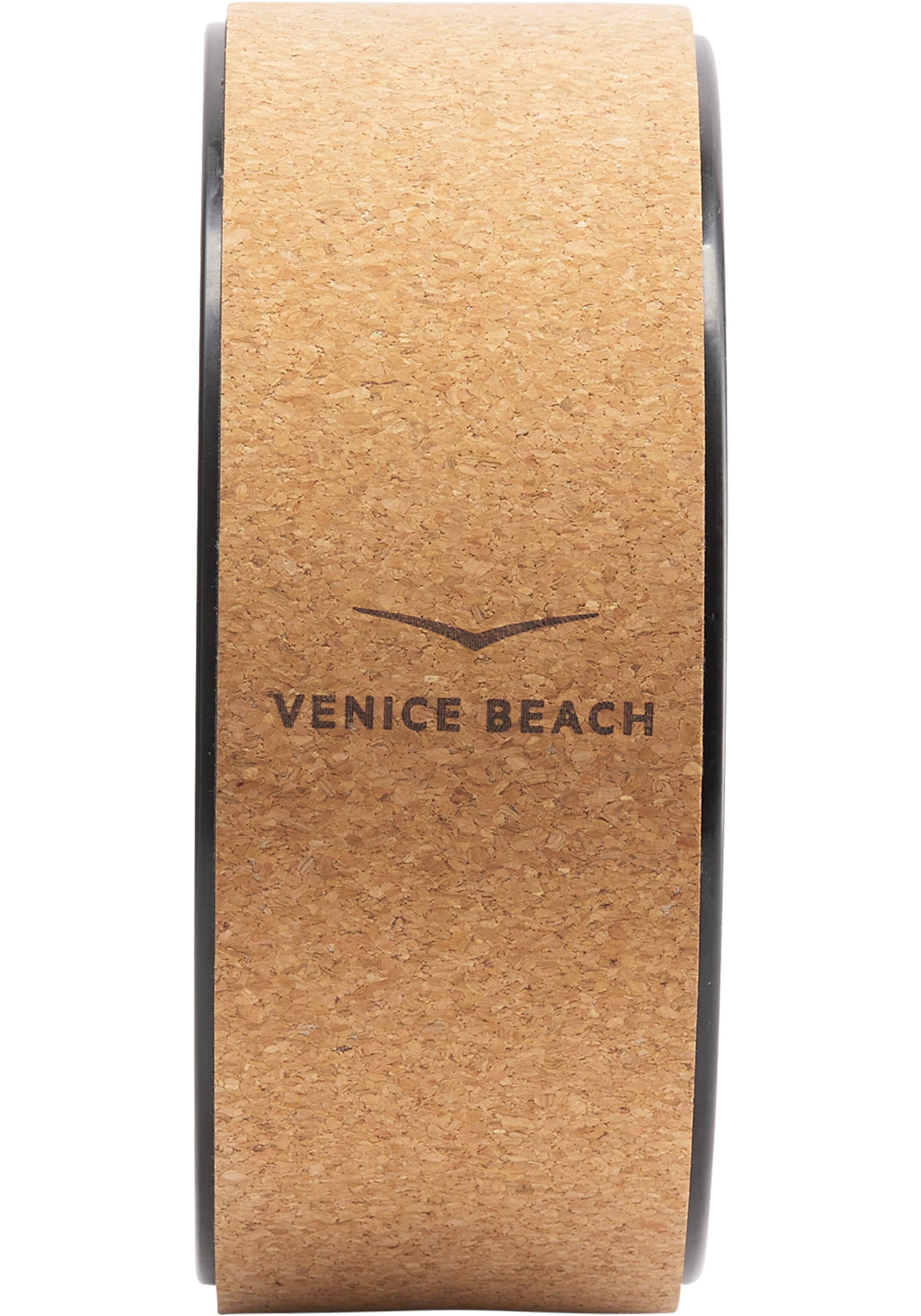 Rundes Yoga-Rad mit natürlicher Korkoberfläche und Venice Beach-Logo-Branding.