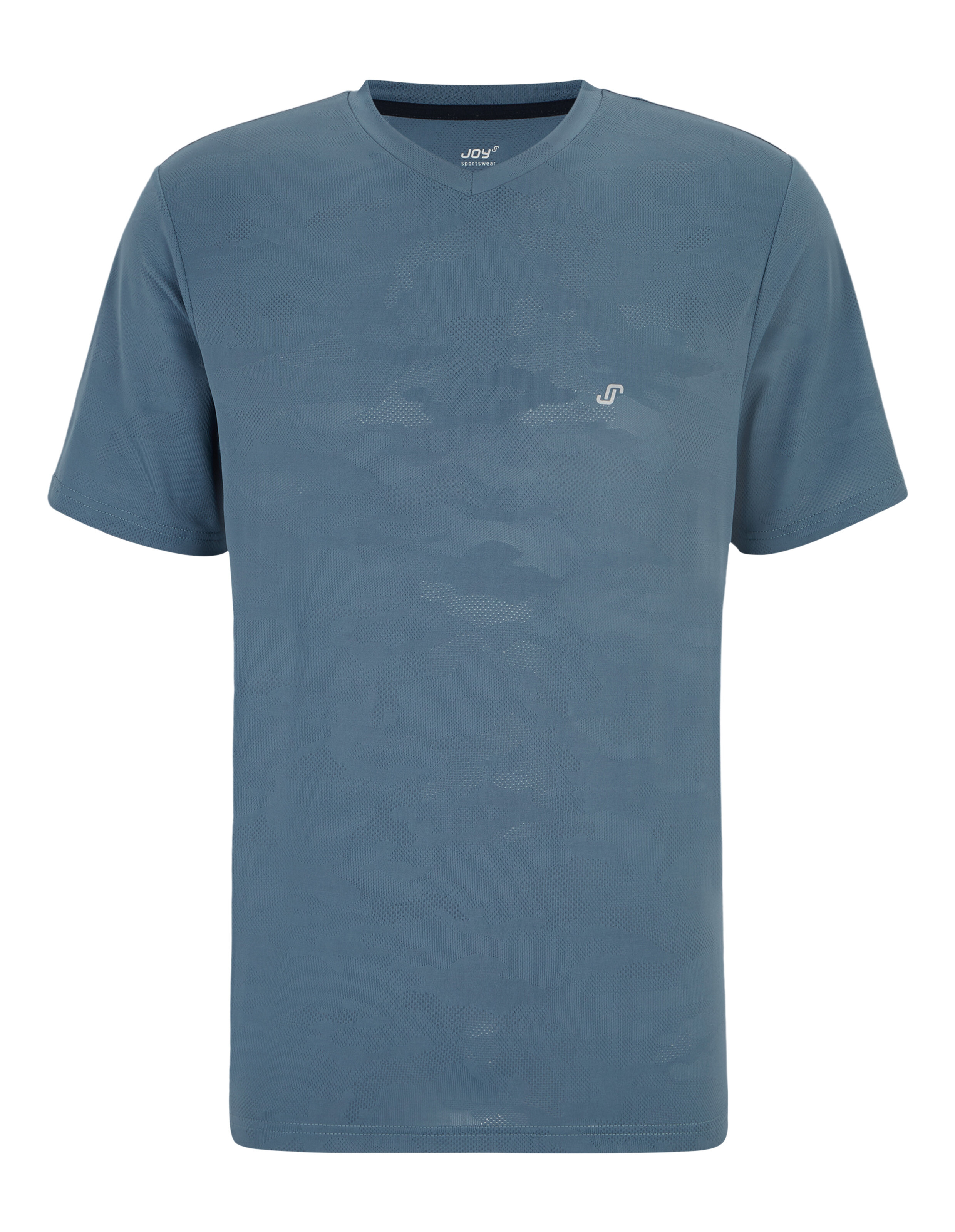 Blaues T-Shirt mit V-Ausschnitt und kurzen Ärmeln, dezentem Muster und kleinem Logo auf der Brust.