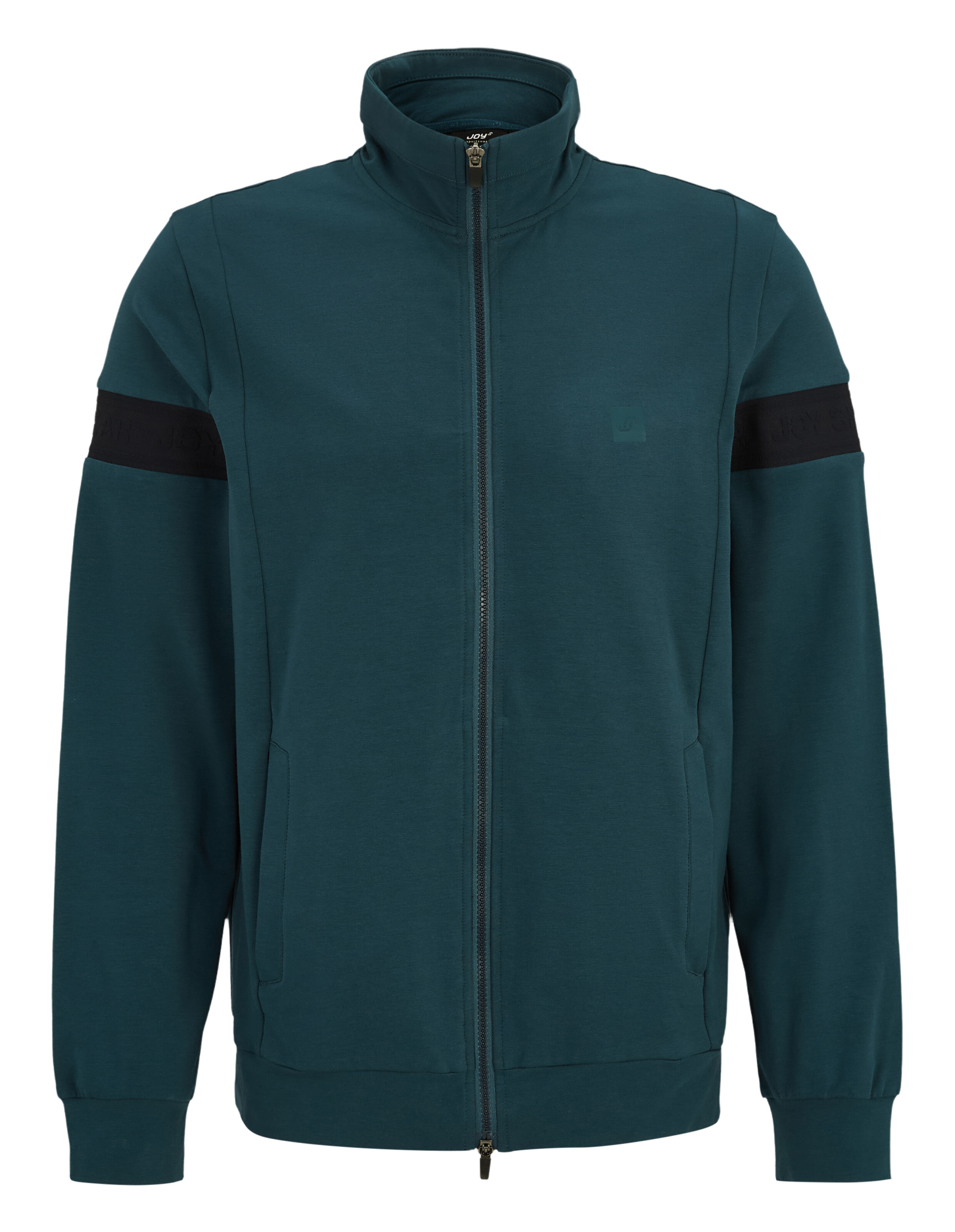 Dunkelgrünes Sweatshirt mit Reißverschluss und schwarzen Ärmelstreifen für gemütliche Freizeitkleidung.