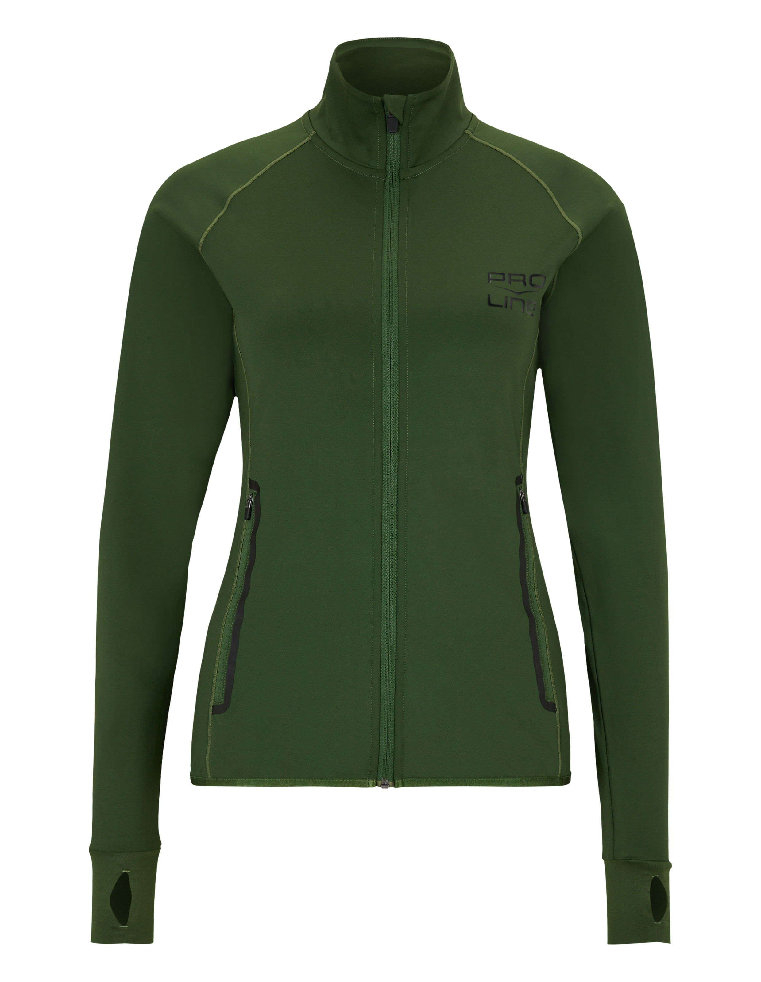 Olivgrüne Damen-Sportjacke mit Reißverschluss und Daumenlöchern für lässige Aktivkleidung.