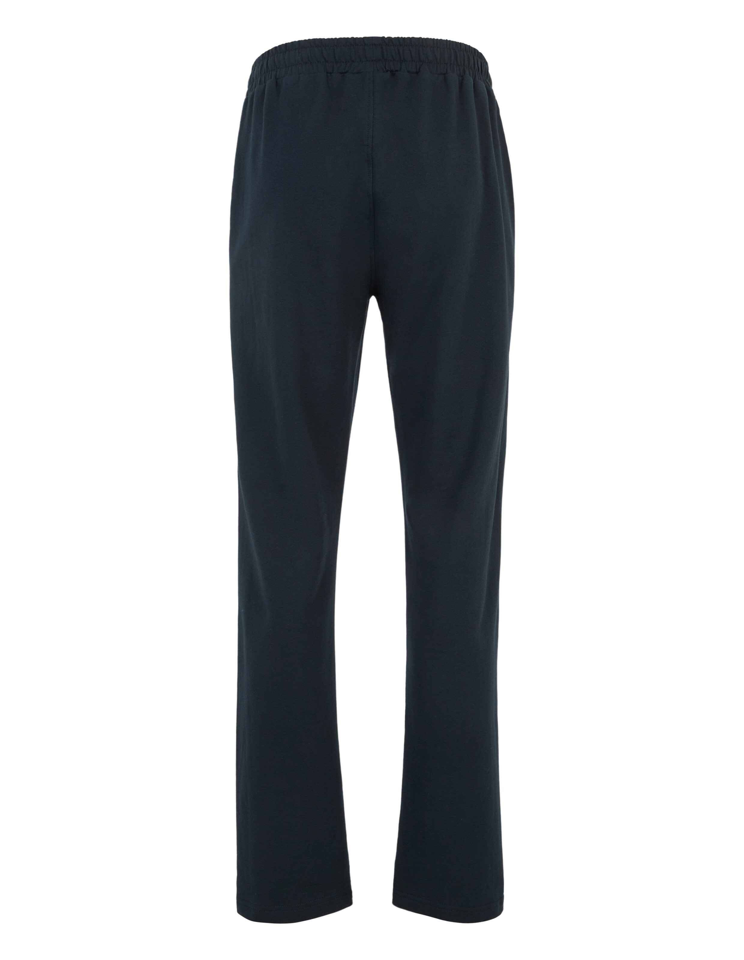 Dunkelblaue Jogginghose von hinten mit einem elastischen Bund, geradem Schnitt und glatter Textur, ideal für sportliche Aktivitäten.
