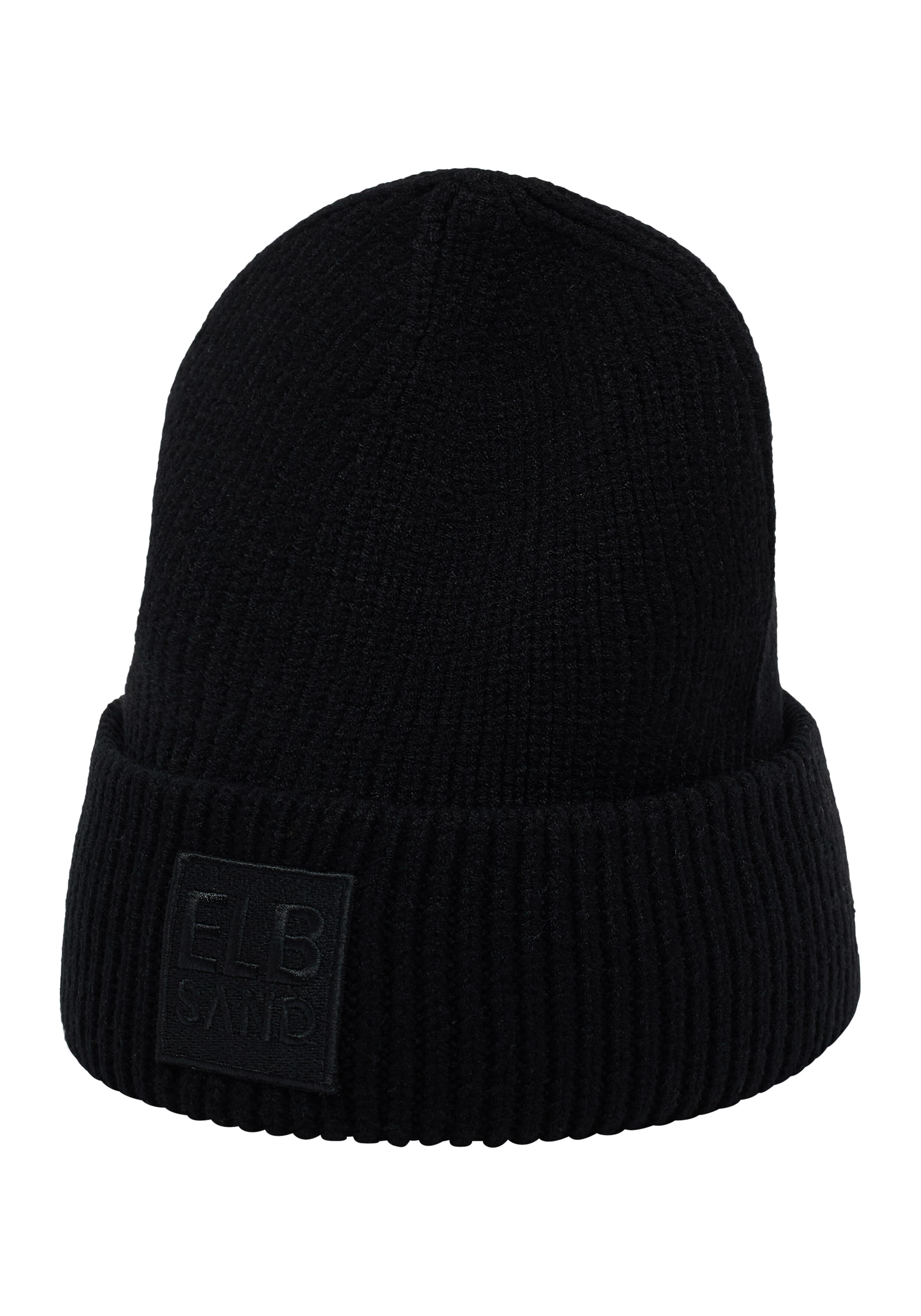 Schwarze Rippstrickmütze mit ELBSAND-Logopatch für gemütlichen, lässigen Winterstil.