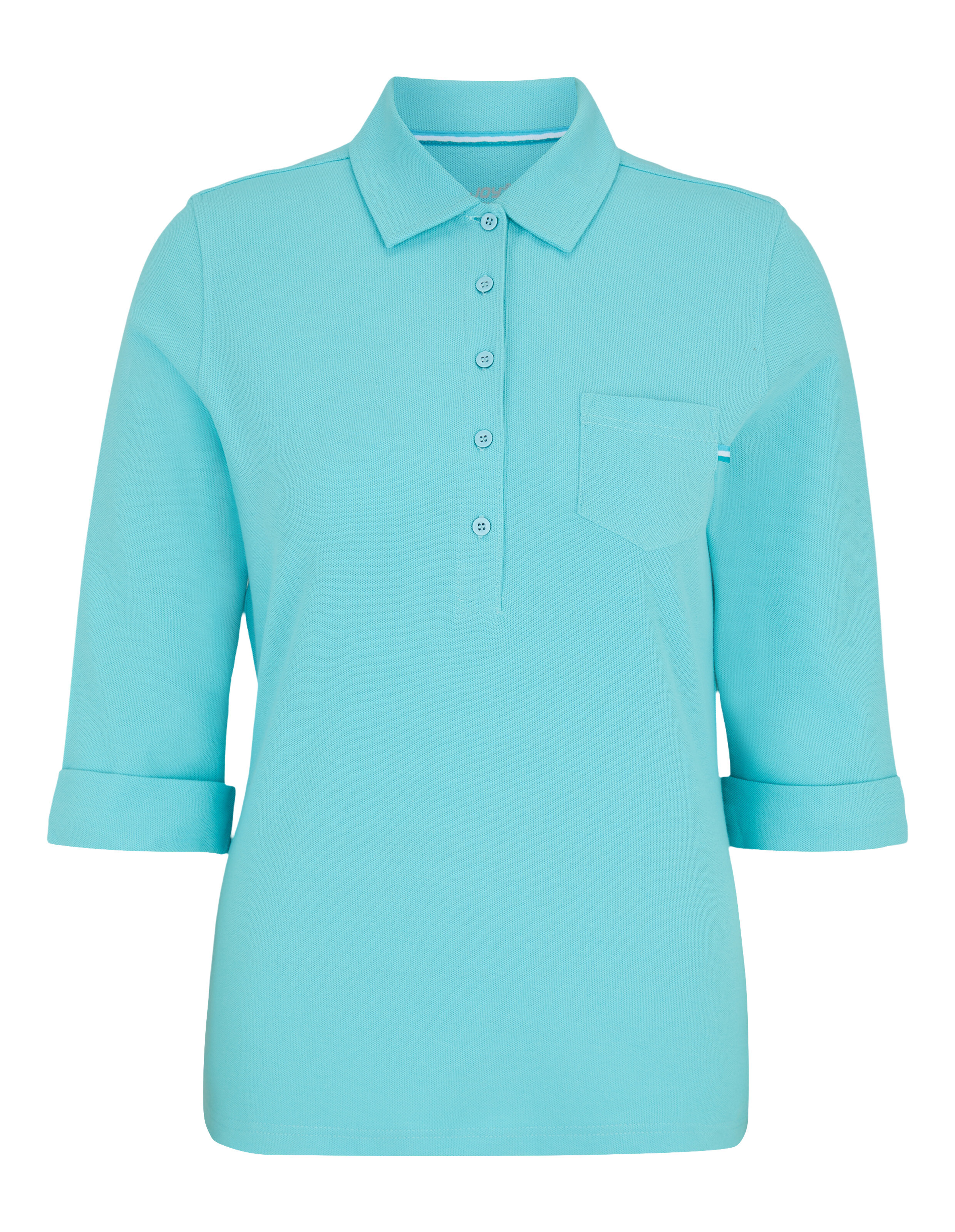 Hellblaues Poloshirt mit Dreiviertelärmeln und Brusttasche.