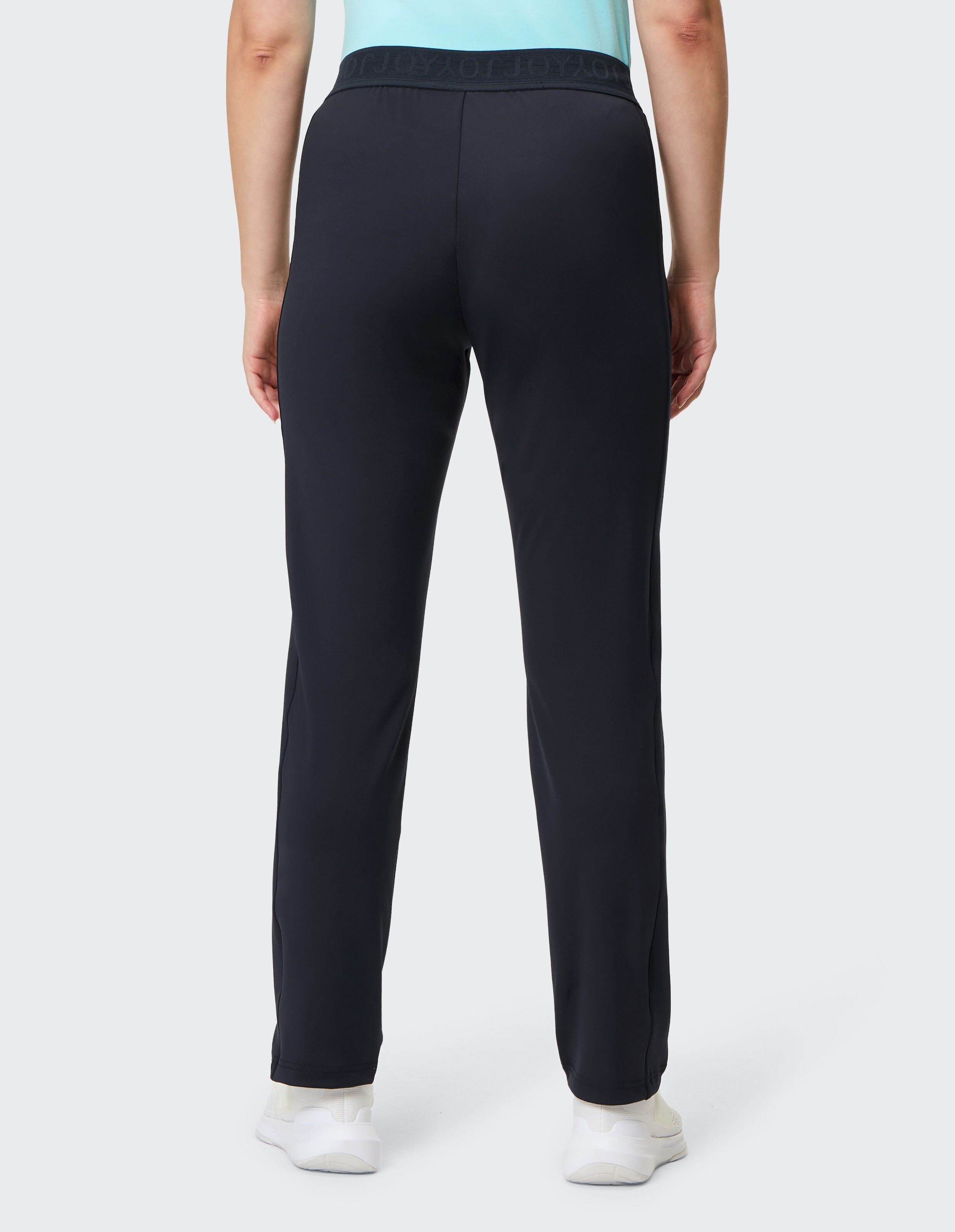 Rückansicht einer marineblauen Freizeithose mit bequemem Bund, ideal zum Entspannen.