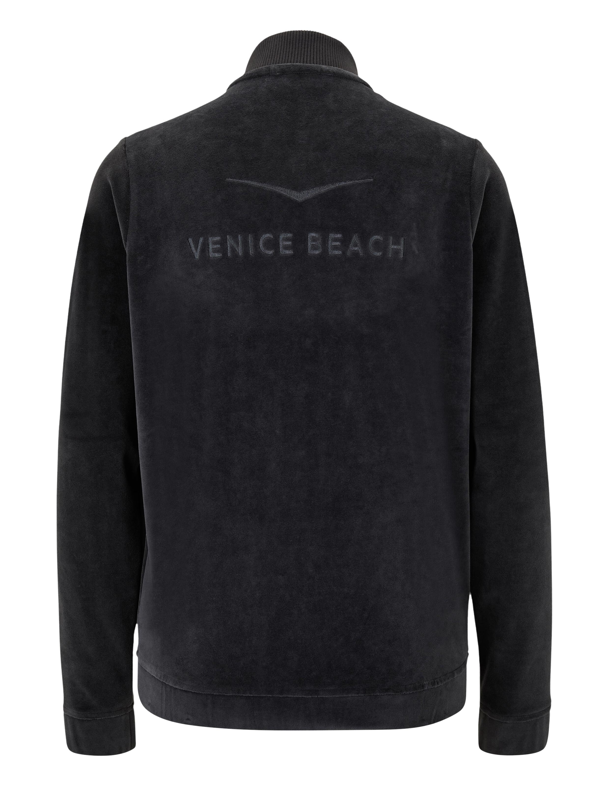 Schwarze Freizeitjacke mit „Venice Beach“-Logo auf der Rückseite, perfekt zum Entspannen.