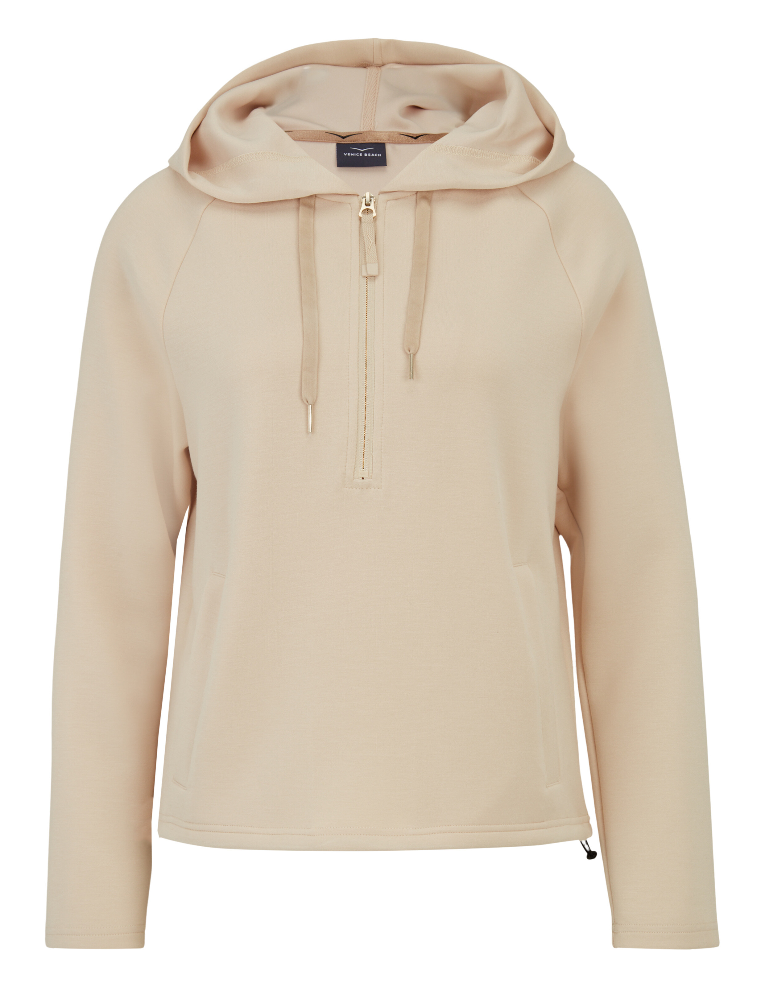Hellbeiger Kapuzenpullover mit halbem Reißverschluss, weichem Stoff und entspannter Passform für Freizeitkleidung.
