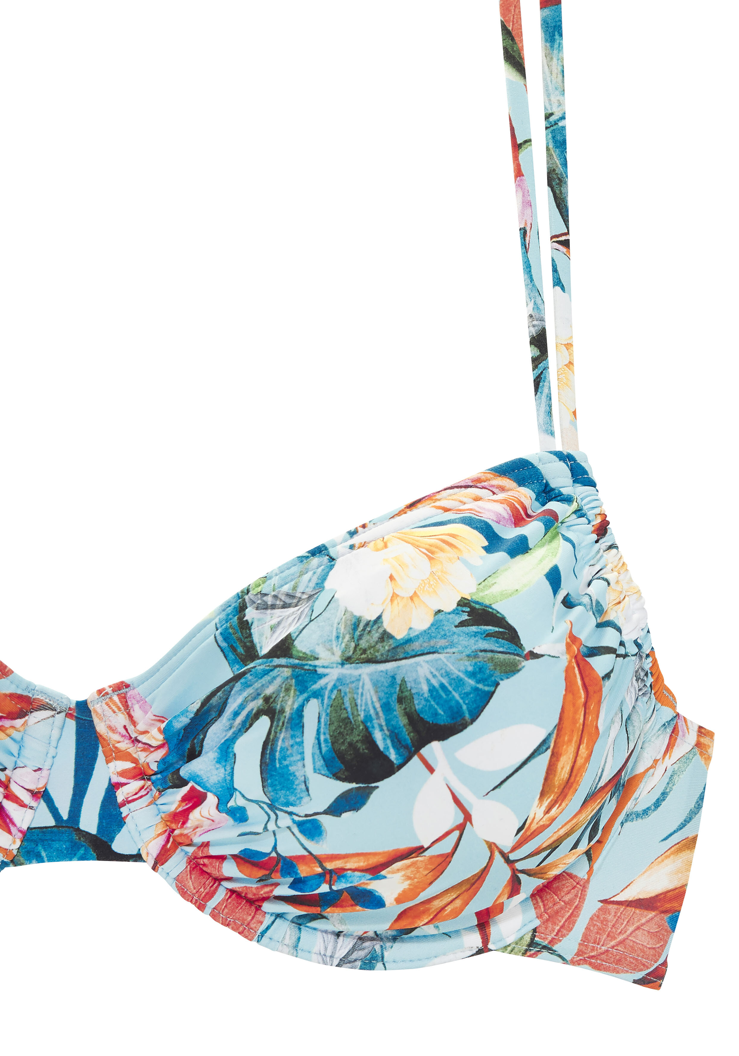 Bikinioberteil „Blake“ von Venice Beach in Hellblau mit farbenfrohem tropischem Blumendruck.
