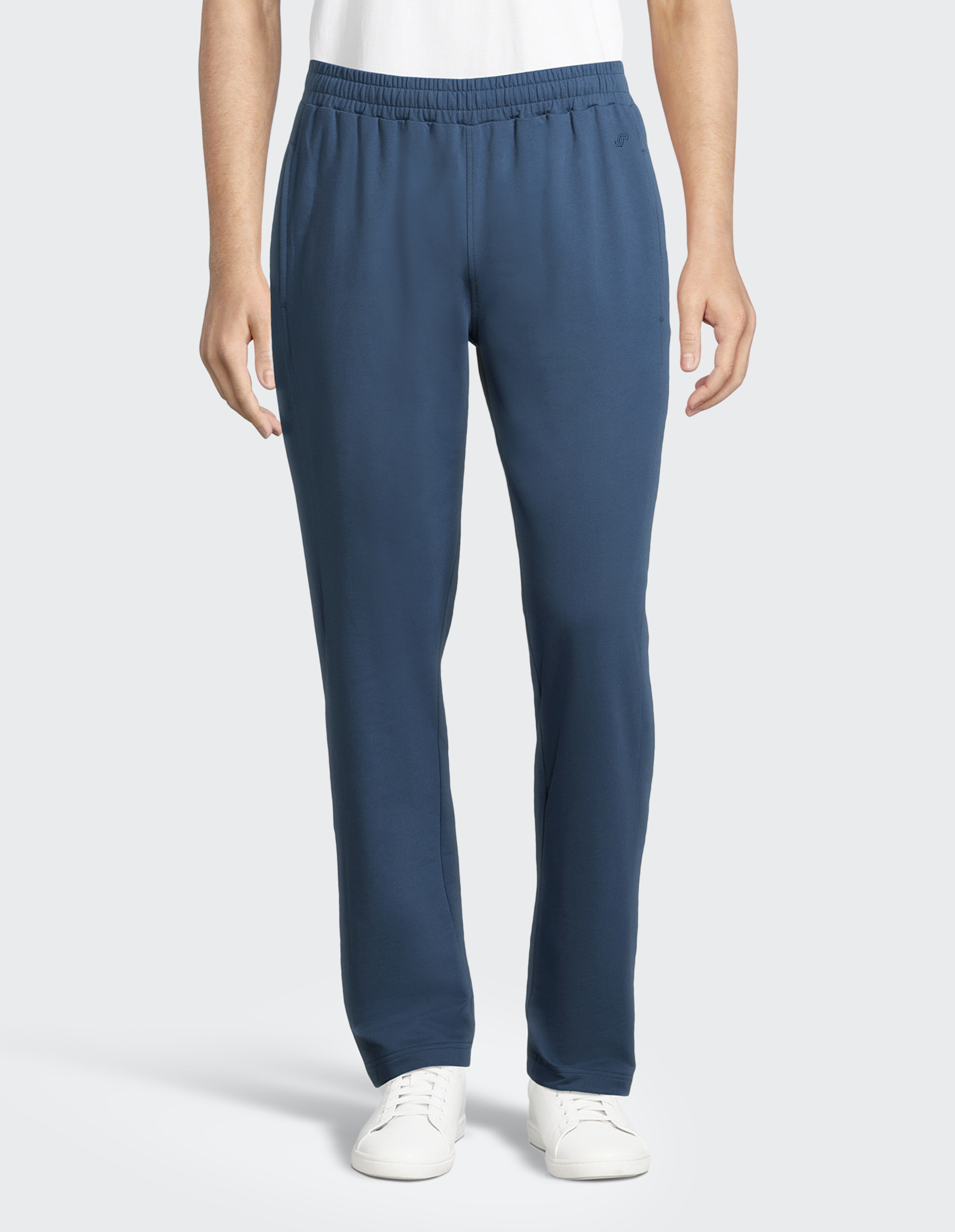 Dunkelblaue Jogginghose mit elastischem Bund und geradem Bein, geeignet für Freizeit und Sport, aus weichem Material gefertigt.