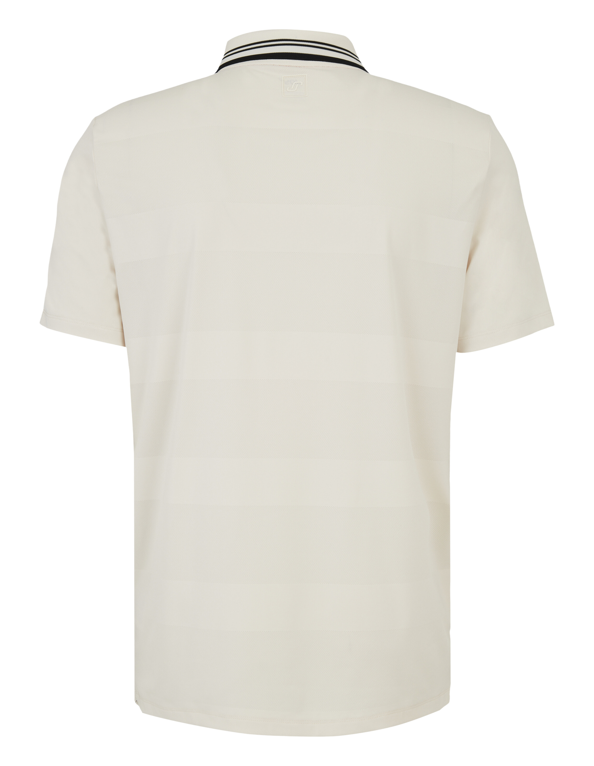 Rückansicht eines beigefarbenen, lässigen Poloshirts mit gestreiftem Kragen für bequemes Tragen im Alltag.